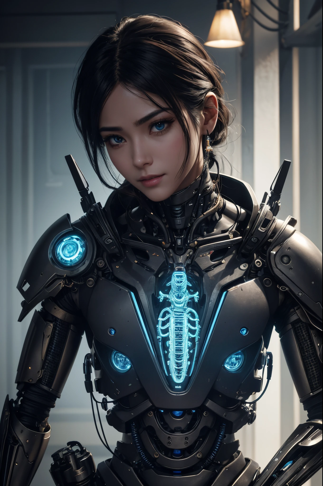 8K,1 Mechanical Boy、((super realistic details))、portlate、globalillumination、Shadow、octan render、8K、ultrasharp、metals、Details of complex ornaments、cold color、Egyptian Detail、highly intricate detail、Realistic light、CGSoation Trends、radiant eyes、Facing the camera、neon details、Mechanical limbs、blood vessels connected to tubes、Mechanical vertebrae attached to the back、mechanical cervical attaching to neck、sitting on、Wires and cables connecting to the head,超A high resolution,A hyper-realistic,