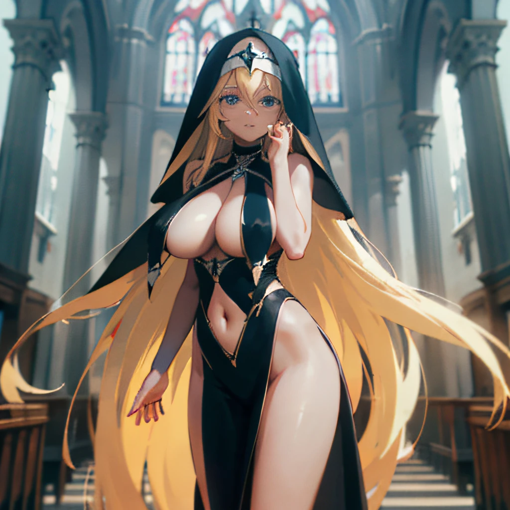 (best quality),(masterpiece),
({Alicia, dynamic pose:1.5},(solo),blue eyes,blonde hair ,very long hair, hair between eyes,straight hair),
(Huge breasts, cleavage, navel),
(veil,Black nunoutfit, double slit pelvic curtain, breast curtains),
(church, hall),