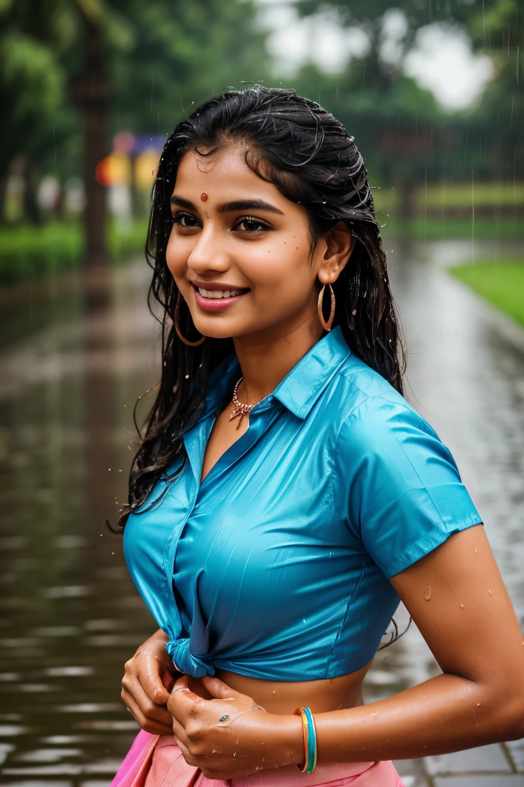20 years old extremely beautiful brown Tamil girl (white shirt blue jeans), (bangles earrings necklace wrist watch), enjoying in the rain, drenched in rain, facing viewers facing camera, eyes symmetry, face symmetry, (best quality, ultra-detailed:1.6), colorful scene, bright color palette, playful atmosphere, vibrant colors, cute expressions, joyful laughter, raindrop reflections, wet hair, wet clothes, wet body, body reflecting light, back lit, refreshing ambiance, happy face, splashing water, raindrops falling around her, natural lighting, candid moments captured, lively mood, standing at a distance, (intricate detailing:1.6 faces & eyes & ears & nose & lips & skin & 5 fingers & curves & body parts)