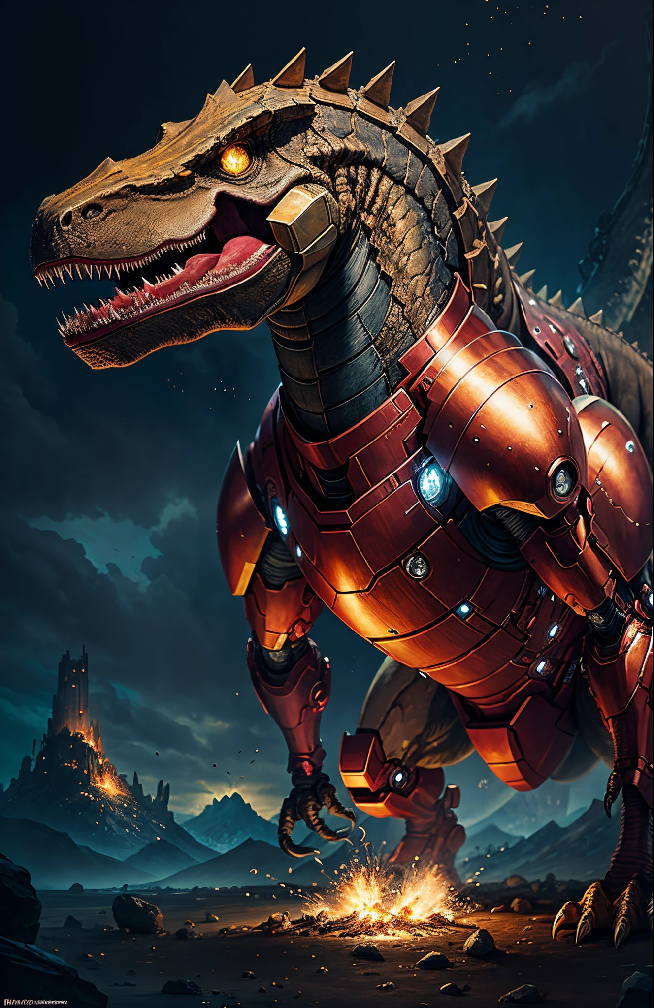 The image depicts a fascinating fusion between the "Homem de ferro" e um "Tiranossauro rex". This creative interpretation combines the striking characteristics of the hero with the grandeur and majesty of one of the most iconic dinosaurs.
O corpo do personagem apresenta uma armadura estilizada, inspirada no traje do Homem de ferro. Metallic and technological elements mix with the physical characteristics of Tyrannosaurus Rex, como suas garras afiadas e aterradoras.
A armadura possui tons de vermelho e dourado, referring to the Iron Man aesthetic. No entanto, textured elements and scale details are incorporated, giving the character a prehistoric twist.
The dinosaur's head is stylized with an eye opener, that shine with the same technological intensity as Iron Man's eyes. Open jaw reveals sharp, menacing teeth.
The background of the image is a combination of futuristic elements and natural scenery, representando o encontro entre tecnologia e natureza.
Esta imagem oferece uma vista impressionante de um "dinossauro rex" with features of the "Homem de ferro", criando uma figura que exala poder e originalidade. It evokes a sense of wonder and curiosity, inviting the viewer to explore this unique fusion between two distinct worlds.
