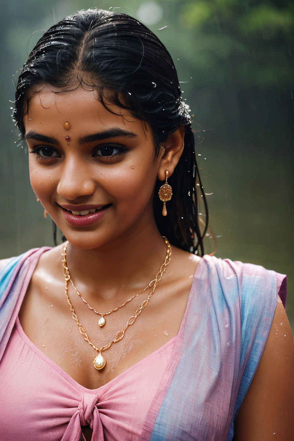 20 years old extremely beautiful brown Tamil girl (pink shirt front knot blue skirt), (bangles earrings necklace wrist watch), enjoying in the rain, drenched in rain, facing viewers facing camera, eyes symmetry, (best quality, ultra-detailed:1.6), colorful scene, bright colors, playful atmosphere, vibrant colors, cute expressions, joyful laughter, raindrop reflections, wet hair, wet clothes, wet body, body reflecting light, back lit, refreshing ambiance, happy face, splashing water, raindrops falling around her, natural lighting, candid moments captured, lively mood, (intricate detailing:1.6 faces & eyes & ears & nose & lips & skin & curves & body parts)