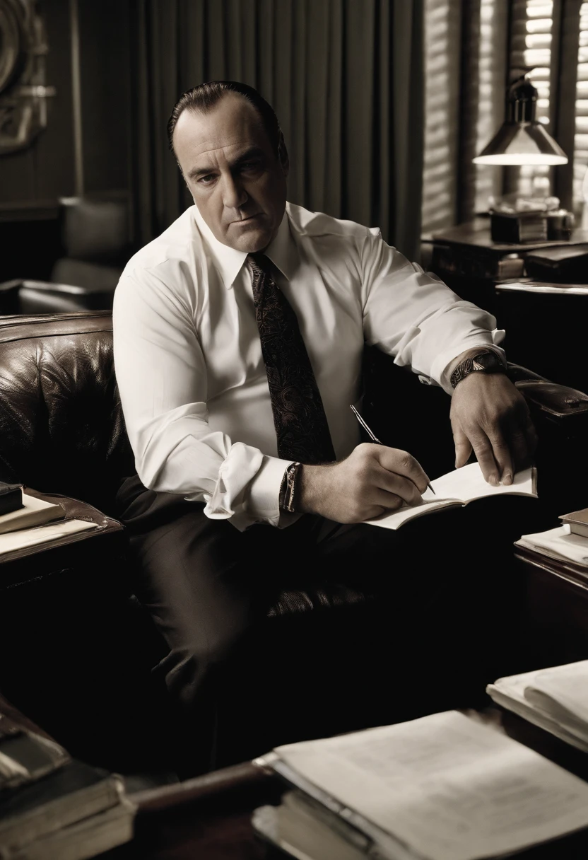 A photo of Tony sitting at his desk, writing in a leather-bound journal,The Sopranos,Tony Soprano, the fictional mob boss in “The Sopranos,” is a physically imposing figure, with a broad, stocky build, and a face that often shifts between a charming smile and a menacing glare. His attire, usually consisting of sharply tailored suits or casual polo shirts, adds to his air of authority and the duality of his life as a mobster and family man., male