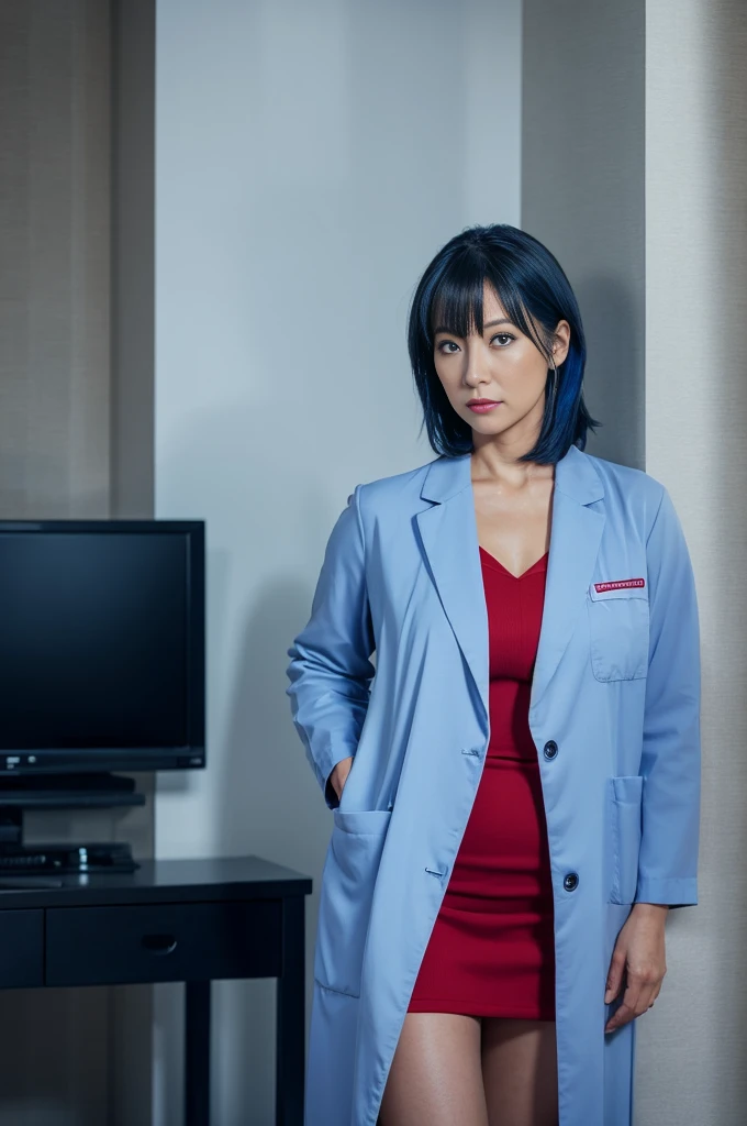 realistic fullbody curvy lady, mature woman,yumi kazama, doctors clothes, stetoscop, blue hair, longhair, concept art, zoom-out , alone , looking to camera, full body , dark shade glow on the body, smooth brown skin, red eyes, room vibe, realistic hands on nose, shy