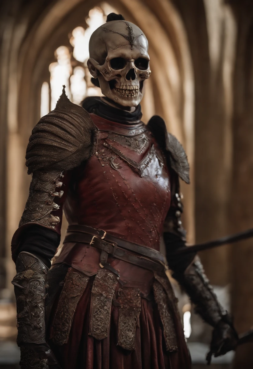 A close-up of the zombie knight carefully arranging human femurs and skulls to create a terrifying sculpture, with a malicious grin on her face.,Game of Thrones TV series,7 feet tall, dead skin, red eyes. the mountain, gregor clegane from game of thrones, male