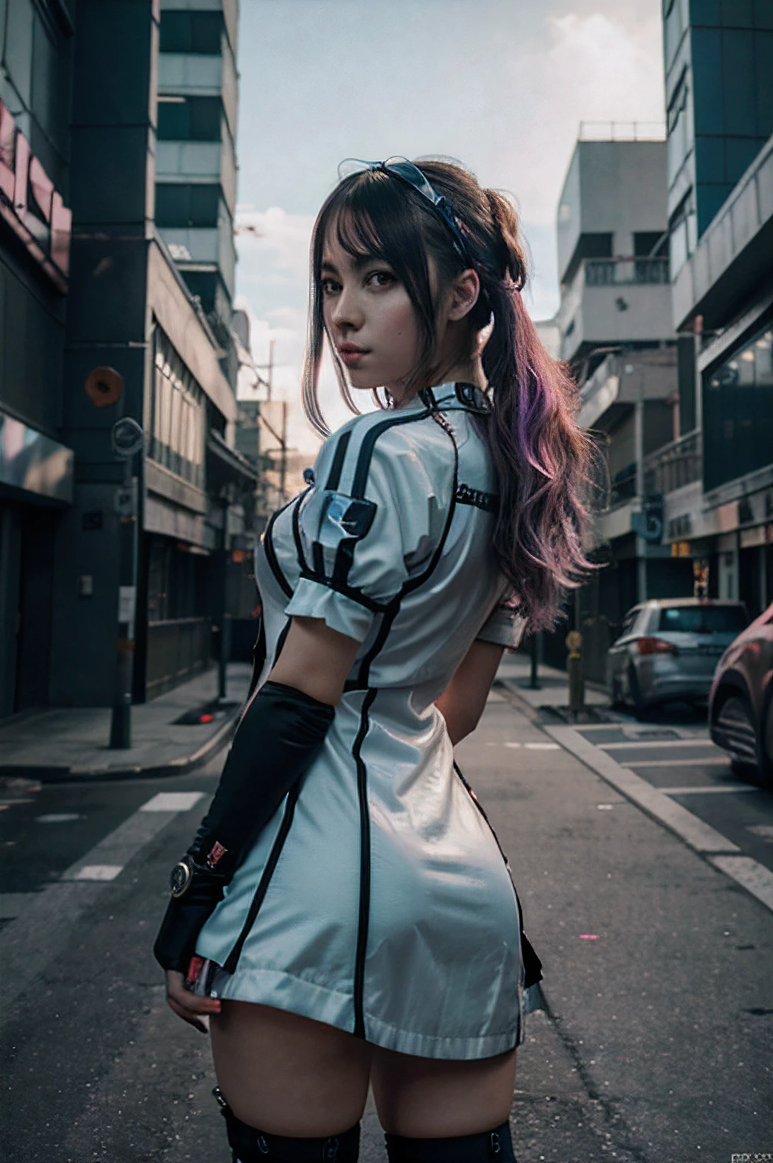 Chica de anime con un vestido y diadema parada frente a un edificio, Arte digital cyberpunk anime, Digital Cyberpunk - Arte Anime, Anime Arte cyberpunk, Chica de anime cyberpunk, Cyberpunk anime chica mech, Estilo anime 4K, Mejor fondo de pantalla de Anime 4K Konachan, cyber school girl, Arte de anime cyberpunk, Retrato Anime Space Cadet Girl, Chica de anime del futuro, dreamy cyberpunk girl