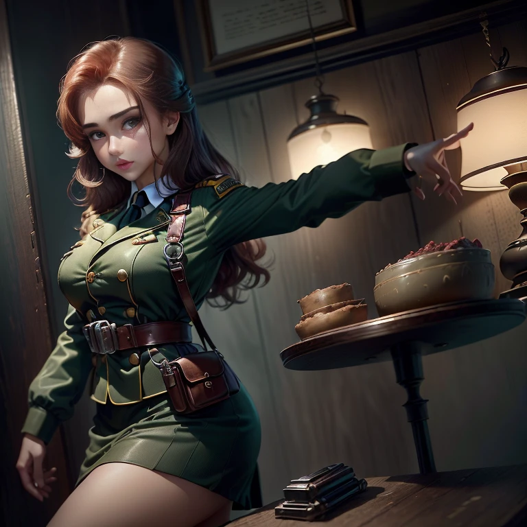 Estilo 1940、she is standing (1 cinta)、(tmasterpiece、topo Quoridade、ruiva, melhor qualidade、Beauty and Aesthetics、1.2)、German military uniform sexy、vibrante com cores、uniforme de camuflagem sexy、Armado com arma de fogo