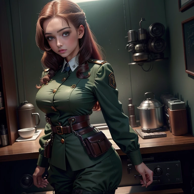 Estilo 1940、she is standing (1 cinta)、(tmasterpiece、topo Quoridade、ruiva, melhor qualidade、Beauty and Aesthetics、1.2)、German military uniform sexy、vibrante com cores、uniforme de camuflagem sexy、Armado com arma de fogo