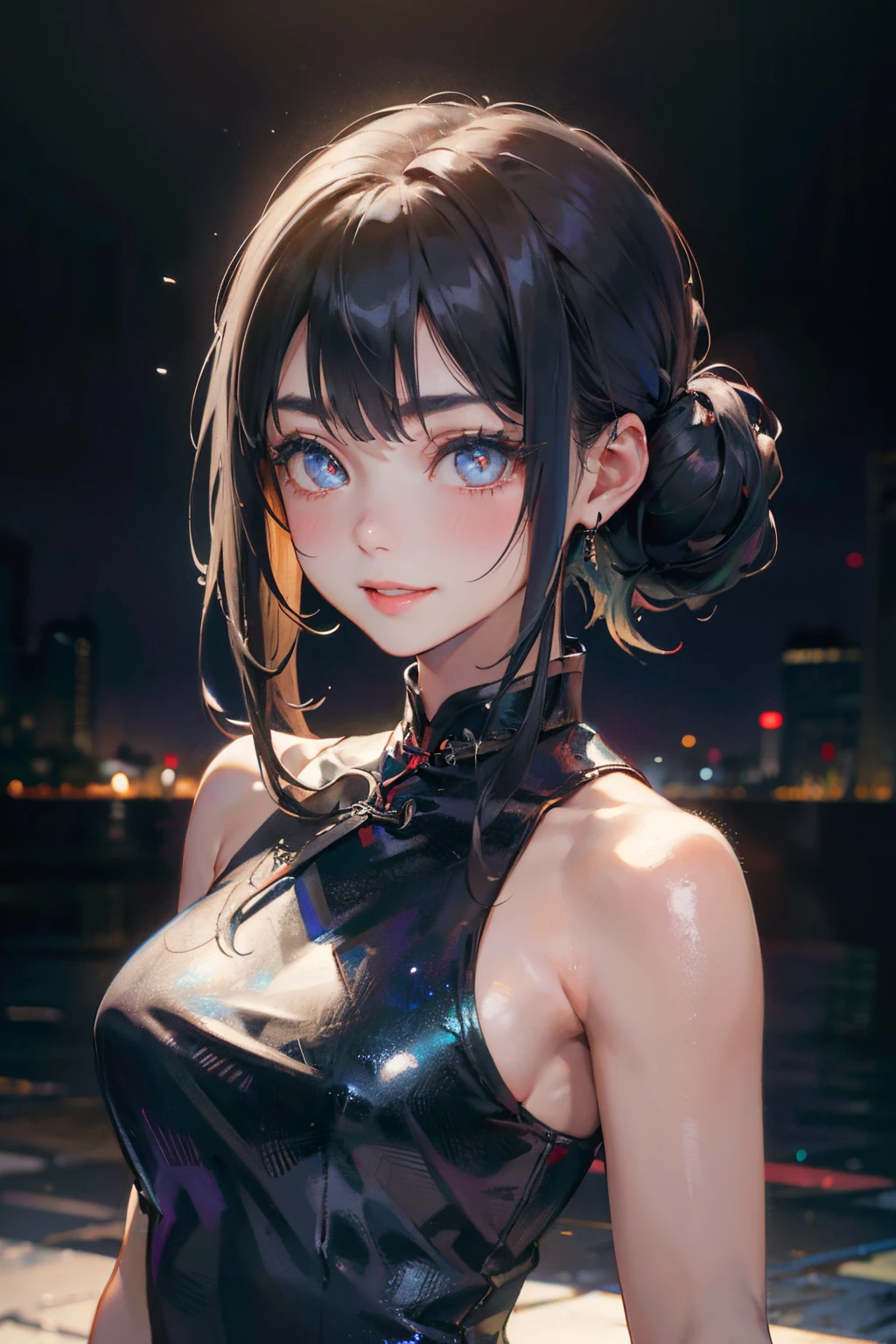 a 20 yo woman、Black blue Hair、poneyTail、Bun hair、Big smile、Iridescent eyes、(hi-top fade:1.3)、dark themed、Muted Tones、Subdued Color、highly contrast、qipao dress、(natural skin textures、Hyper-Realism、Soft light、sharp)