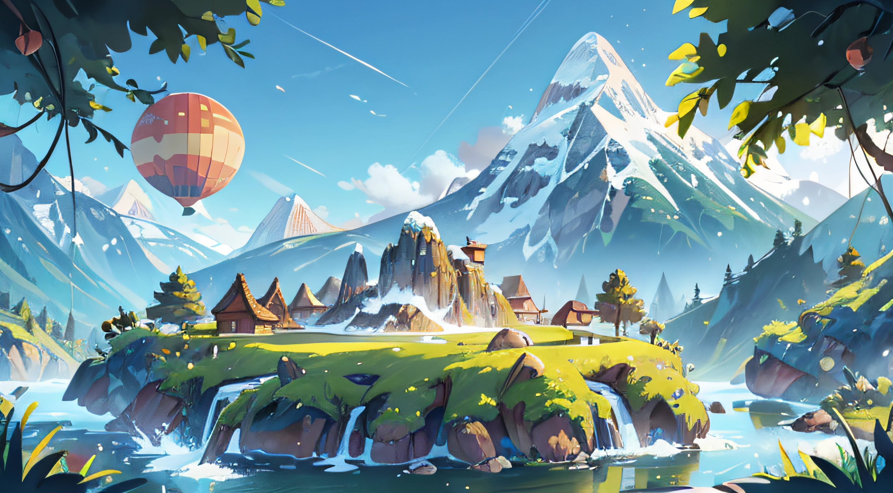 digital ilustration landscape of a planet that is celebrating new year, with mountain in the background with water floating around it,