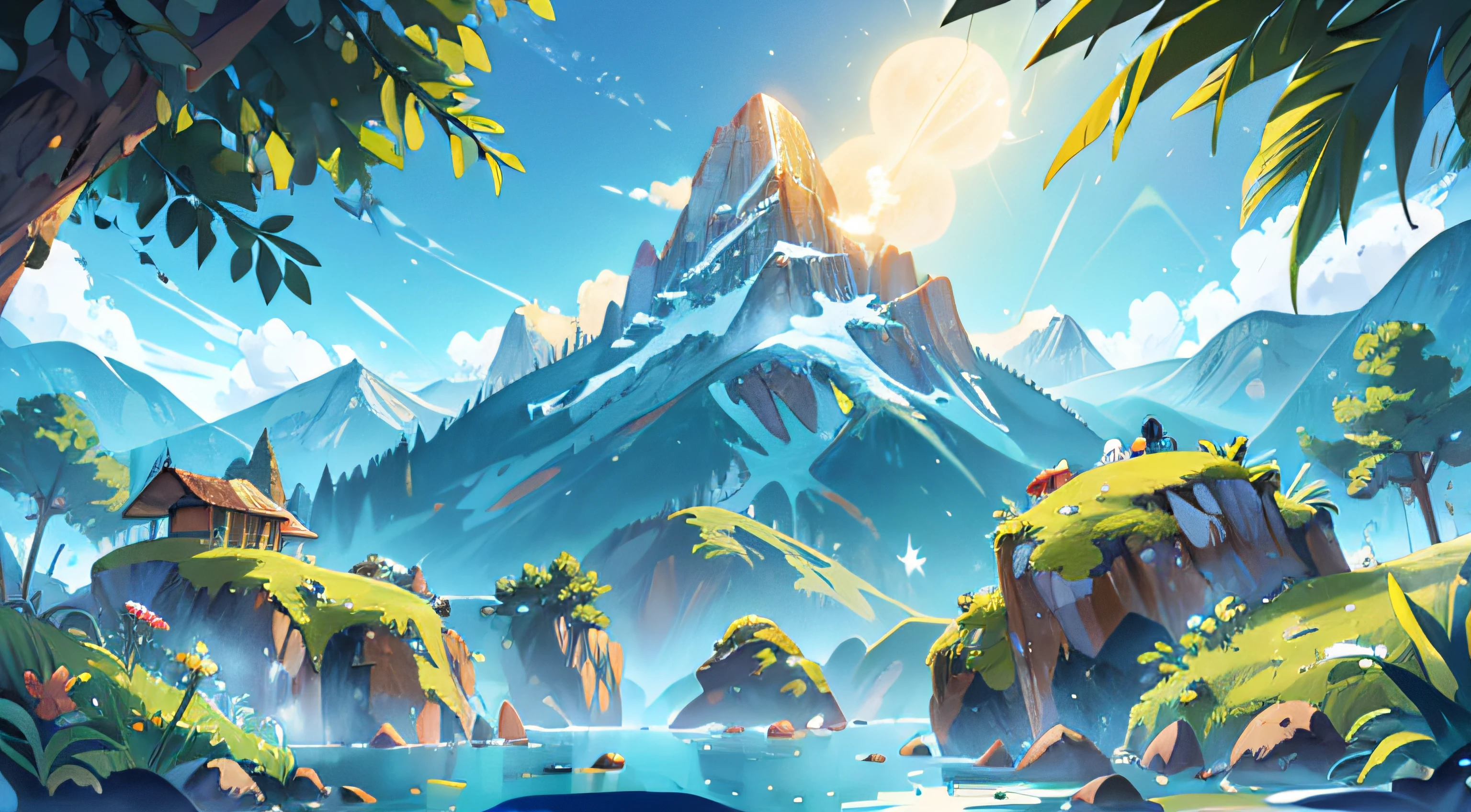digital ilustration landscape of a planet that is celebrating new year, with mountain in the background with water floating around it,
