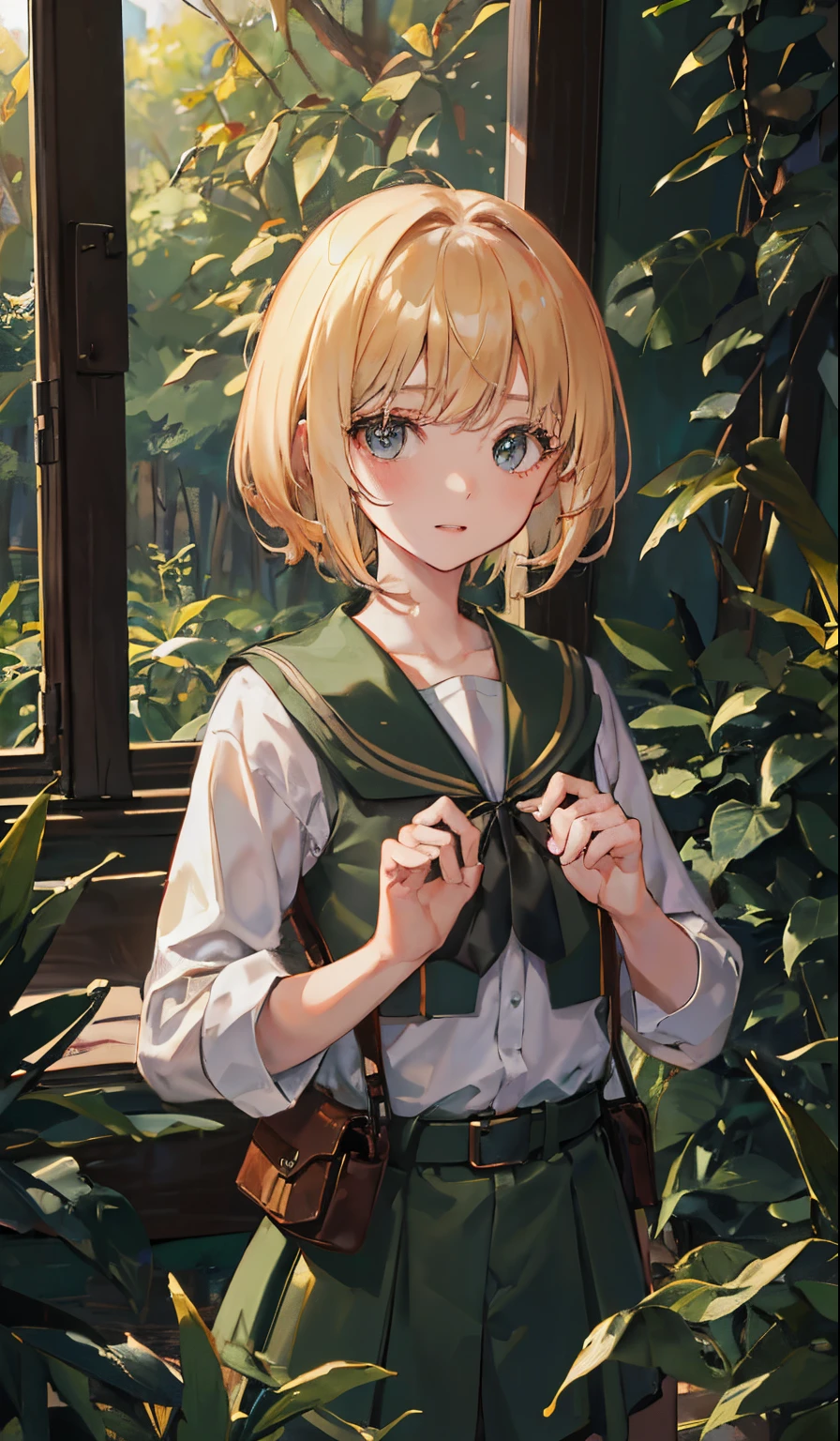 Perfect picture,,{inside a forest}{elementary student}{amazon tourism,Amazon}{military outfits}, girl,4K picture quality, Cinematic,,{Gamine},{small body and chest,,,,,} Short hair,a blond,cute little, perspiring