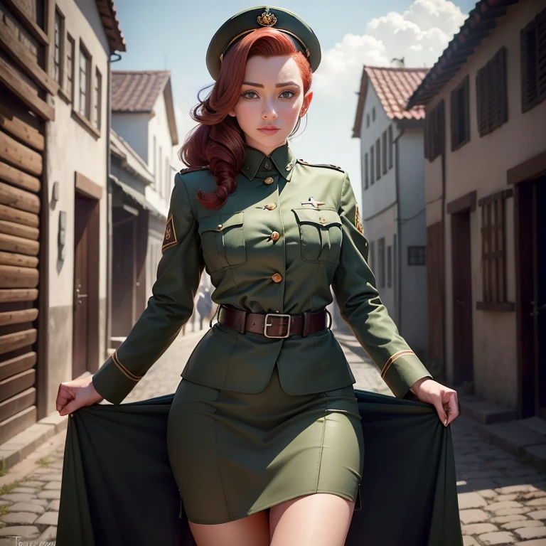 Estilo 1940、she is standing (1 cinta)、(tmasterpiece、topo Quoridade、ruiva, melhor qualidade、Beauty and Aesthetics、1.2)、German military uniform sexy、vibrante com cores、uniforme de camuflagem sexy、Armado com arma de fogo