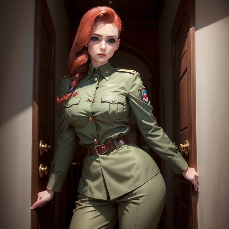 Estilo 1940、she is standing (1 cinta)、(tmasterpiece、topo Quoridade、ruiva, melhor qualidade、Beauty and Aesthetics、1.2)、German military uniform sexy、vibrante com cores、uniforme de camuflagem sexy、Armado com arma de fogo