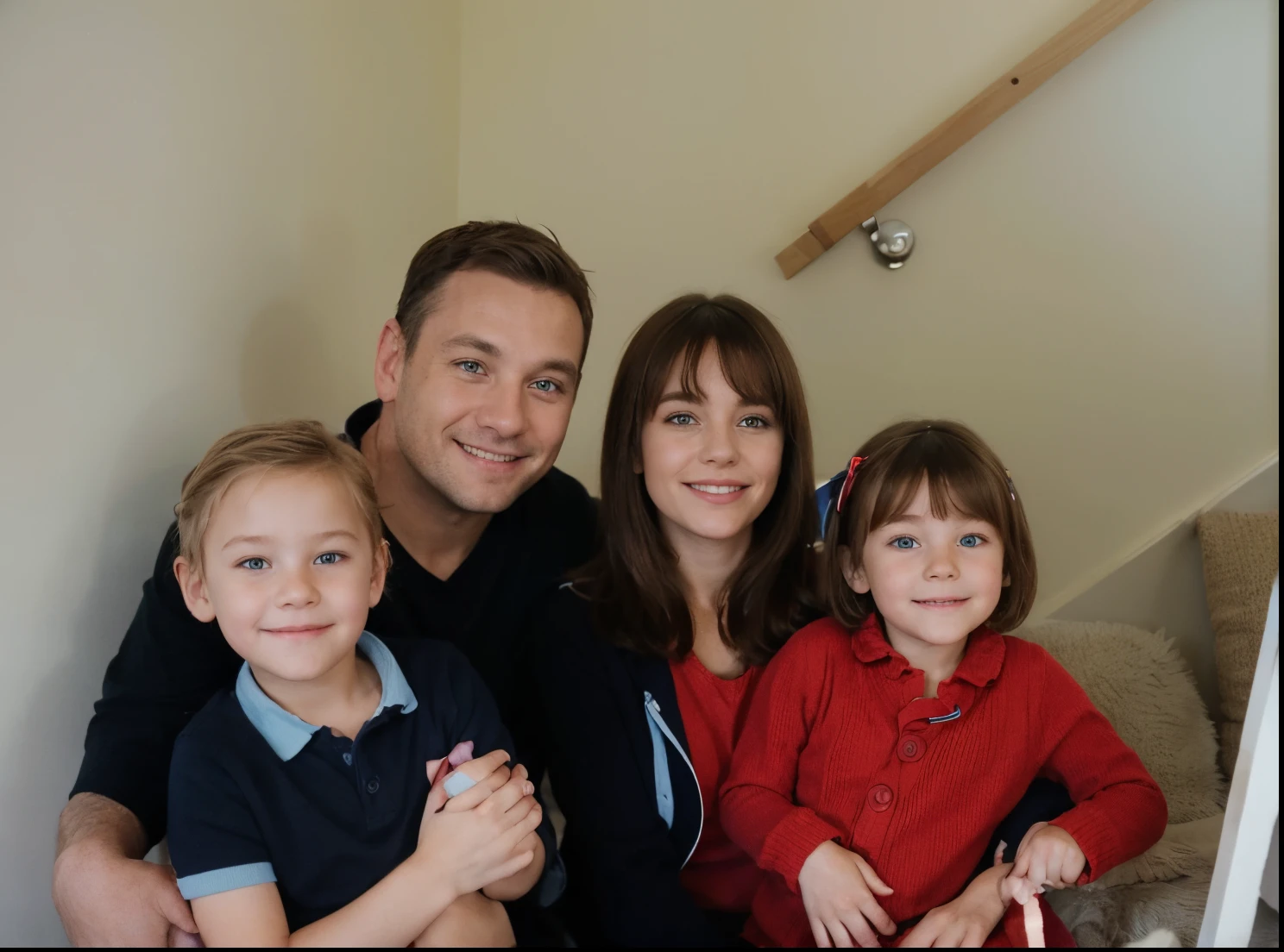 there is a small boy with brown eyes and blonde hair he is smiling with his hands together, he has a dark blue top on eith light blue collar. behind him is a man hugging him with one arm. he is wearing a dark blue t shirt, he has brown hair and blue eyes. next to him is a woman with medium length brown hair and brown eyes she is smiling at the camera and is wesring a pink and red striped top with a blue jacket on she also has a fringe. there is a small girl sitting on her lap eith a red jumper on with red buttons and frilly collar she has short brown hair with a fringe and a small bow.