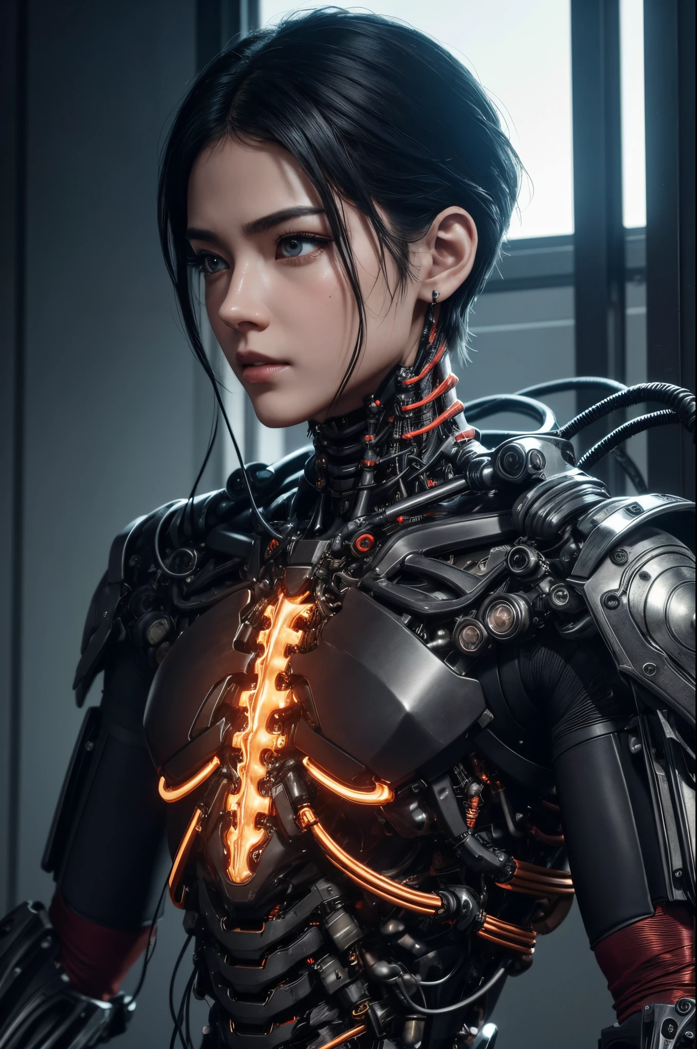 8K,hanging upper body,1 Mechanical Boy、((super realistic details))、Short-haired black hair,Handsome boy,portlate、globalillumination、Shadow、octan render、8K、ultrasharp、metals、Details of complex ornaments、cold color、Egyptian Detail、highly intricate detail、Realistic light、CGSoation Trends、radiant eyes、Facing the camera、neon details、Mechanical limbs、blood vessels connected to tubes、Mechanical vertebrae attached to the back、mechanical cervical attaching to neck、sitting on、Wires and cables connecting to the head,超A high resolution,A hyper-realistic,