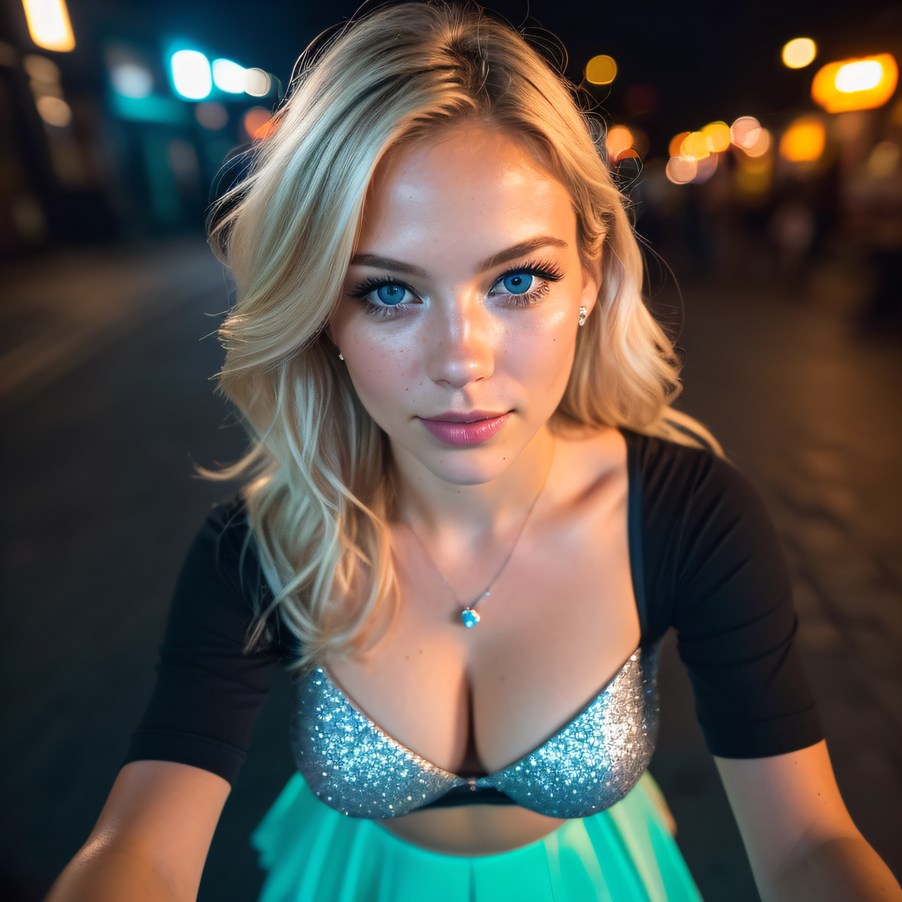 (selfie, top view: 1.4), (straight half of the body: 1.4), RAW UHD portrait photo of a 24-year-old blonde (blue-eyed woman) walking down a dark alley, large breasts,, city at night, (skirt), (neckline), details (textures! , hair! , glitter, color!! , disadvantages: 1.1), glossy eyes with high detail (looking at the camera), SLR lighting, SLR camera, ultra-quality, sharpness, depth of field, film grain (center), Fujifilm XT3, crystal clear, frame center, beautiful face, sharp focus, street lamp, neon lighting, bokeh (dimly lit), night, (night sky), detailed skin pores, oily skin, sunburn, complex eye details, full body, large breasts