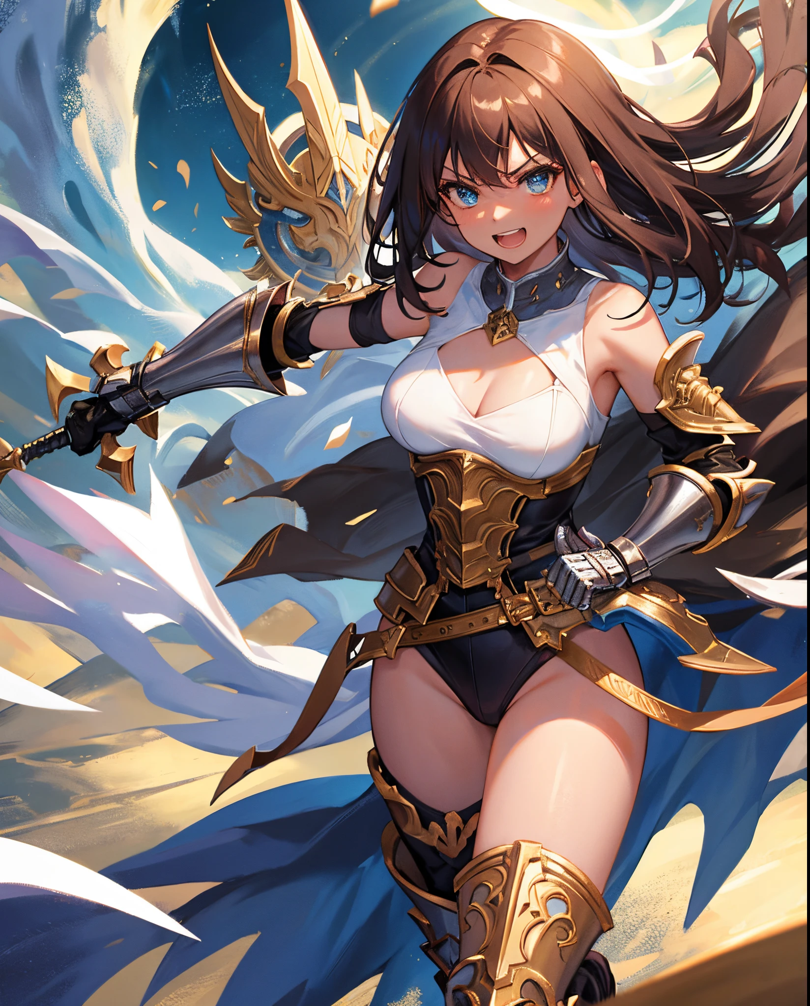 fantasy, 1angel_girl,child, loli,brown_hair, medium_bob_hair, long_bangs, halo,bare_shoulder,thighhighs,silver_armor, waist_armor, large_breasts,angry,grinning,open_mouth_teeth, 1pair_wings, dynamic_pose_fighting,floating, bare_crotch, headgear,gauntlet, greaves,city_sky_background,slightly_spread_legs, solo, groin_naked,dark_skin,