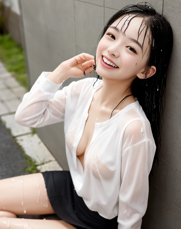 1girl in, (masutepiece:1.1), (Best Quality:1.1)、detailed photo、petite person、(Slimed、small tit、flat boobs、small tit)、sexy pose:1.2、Wet body、sodden、sexy pose、Wet body、sodden、A slender、From above、Delicate and sexy collarbone、16-year-old woman、(White shirt、Black tight mini skirt)、Painted from head to knee、Show your teeth and laugh out loud