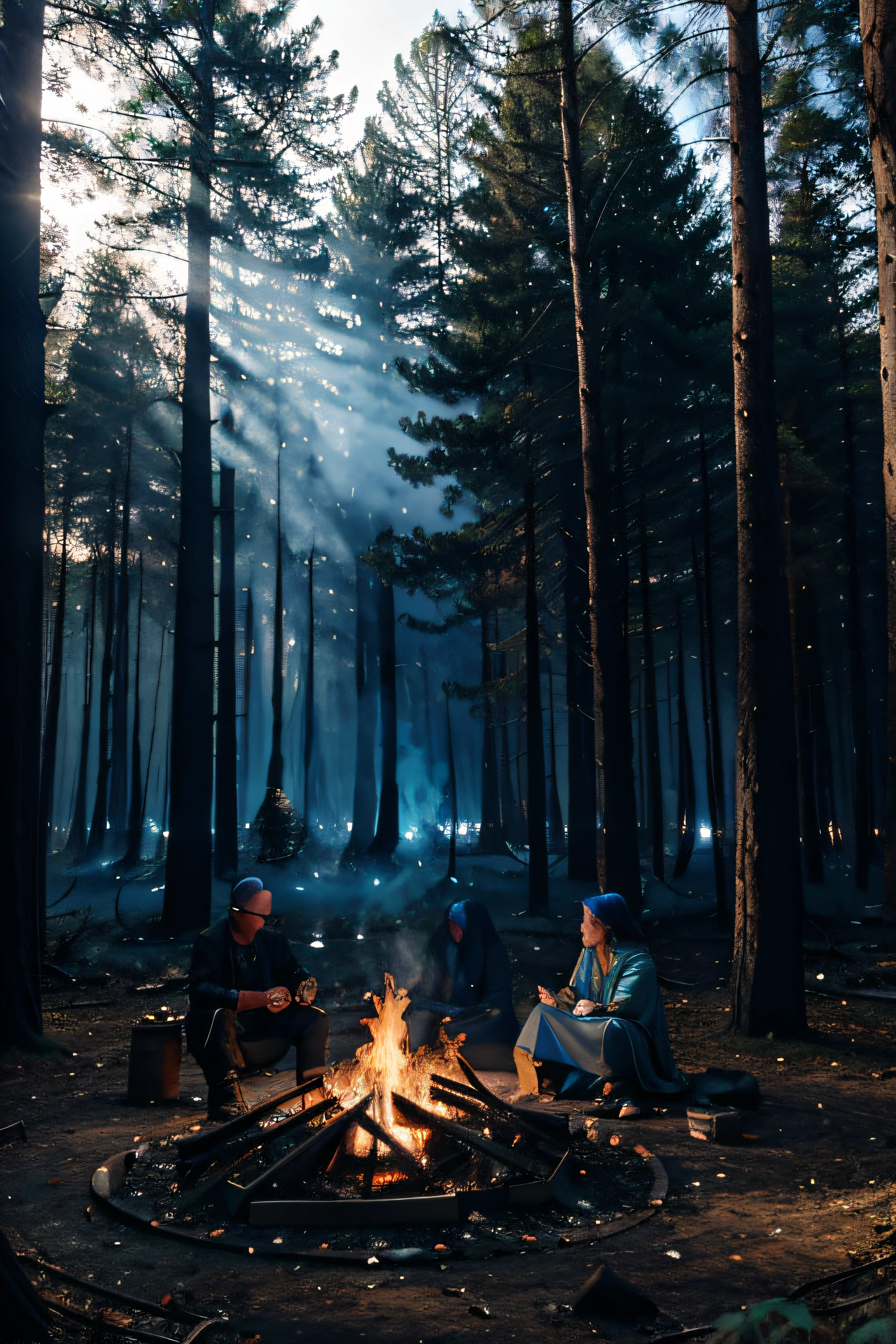 souls and ghosts around a fire in the forest, blue shades