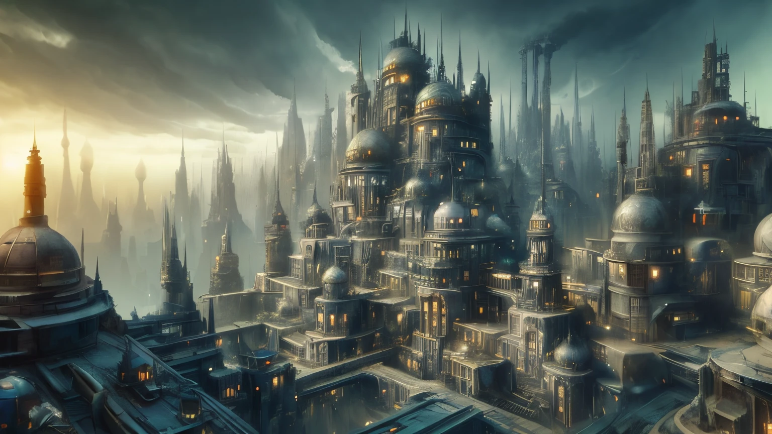 (hightquality、8K、Ulutra HD, alien sanatorium)、Dark Fantasy, The fantastic scenery, highly detailed landscape, Moonlight, alien city、The Future of Science Fiction, dark art, Dystopian atmosphere, Mechanical and retro world, land like cappadocia, light from building windows, Strange architecture and streets inspired by Antonio Gaudi, dark sky, Overcast sky, grey sky, art by:Alberto Seveso、Abstract art style、intricate and detailed watercolor painting、Digital Painting、concept-art、Stereoscopic lighting、 TanvirTamim、metal reflective、2d render、Art Germ、ArtStat Trends