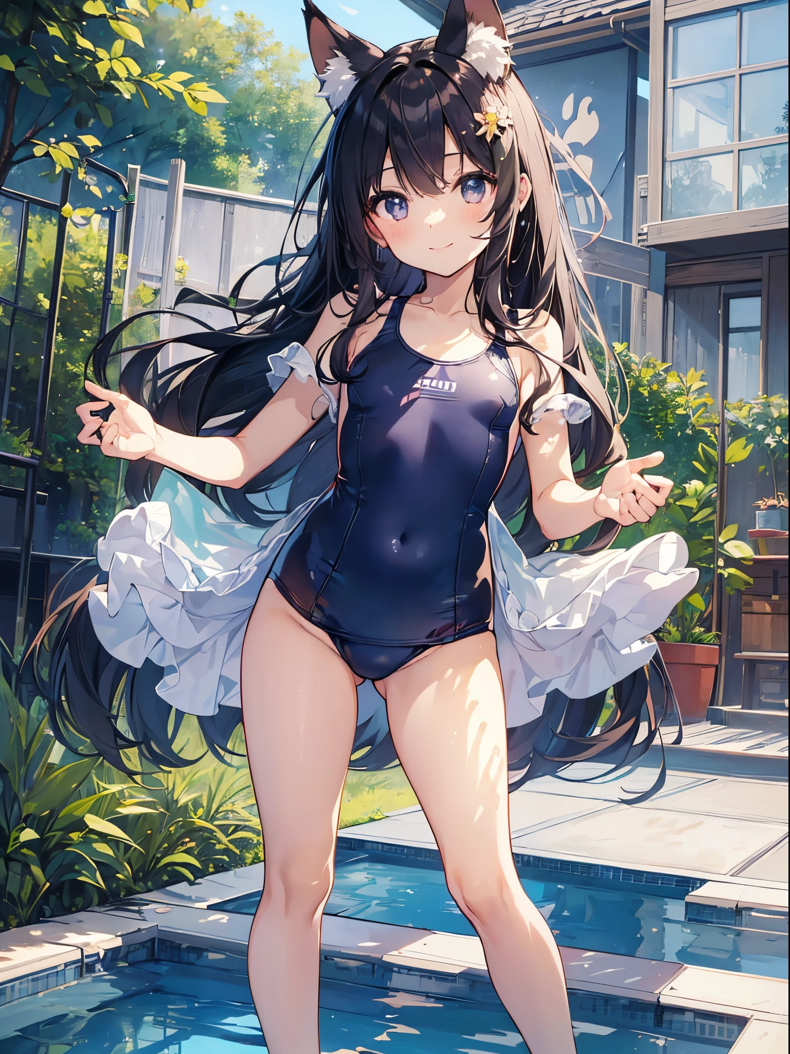 (((Beautiful illustration、top-quality、cute it girl、Perfect limbs:1.3、perfect fingers:1.3、perfect anatomia:1.3)))、(transform sequence)、((Competitive swimsuit))、sixender beautiful girl、Fractal Art、baby-face、((stright hairbig drooping eyes)、Happy smiling face、Full Body Display、(1 persons)、is standing、(highleg)、Fox ears、in poolside