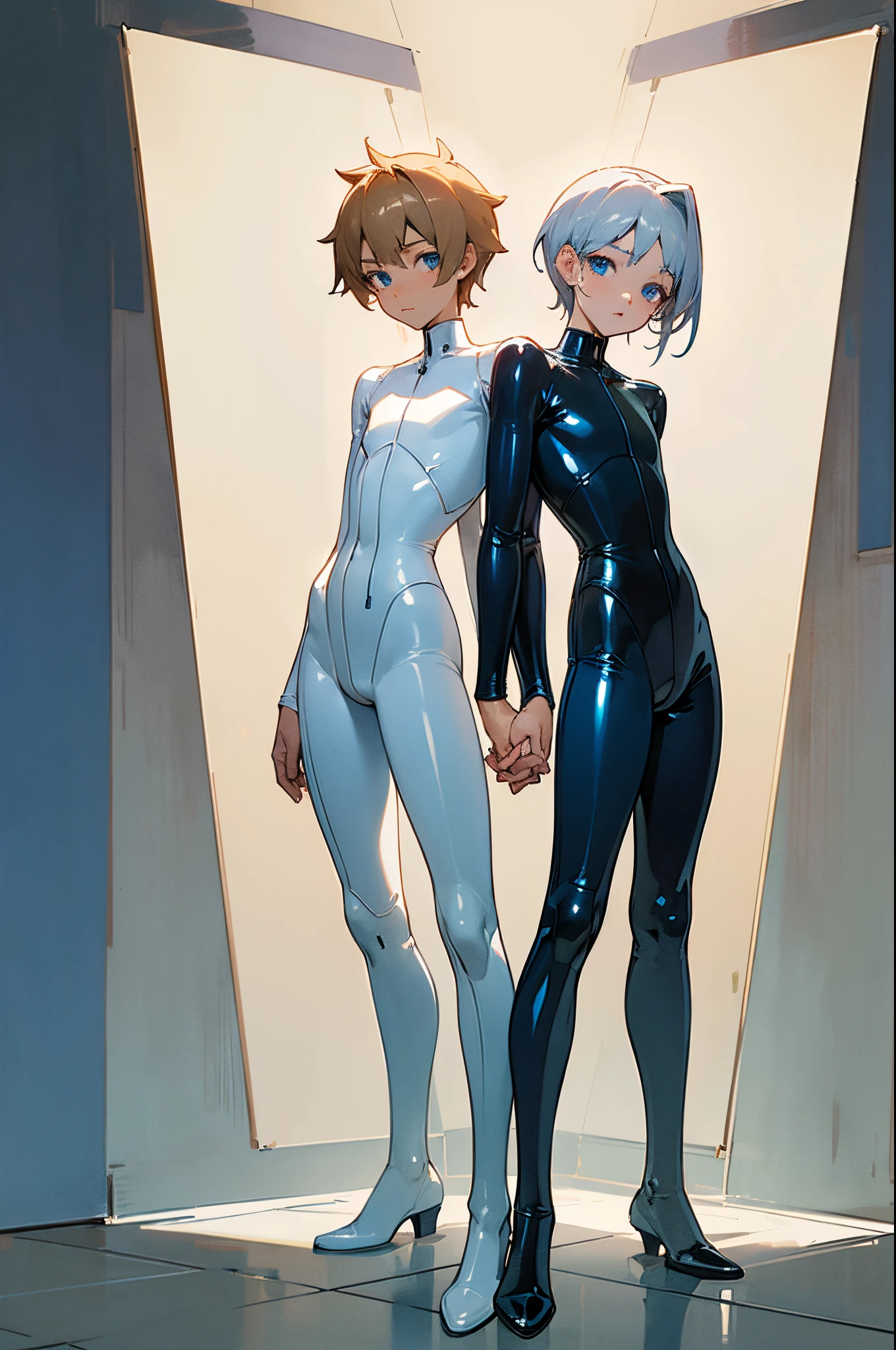 (Best quality, masterpiece:1.5), looking at viewer, ((standing side by side)), ((detailed bedroom background)), 2boys, ((male)), two young boys, fair skin, slim build, one has light blonge hair, wearing (skin-tight), ((semi-gloss ((dark blue)) colored latex full bodysuit)), the other boy has fair skin, light grey hair, blue eyes, wearing a (skin-tight), ((semi-gloss white colored latex full body suit)), twins brothers, holding hands