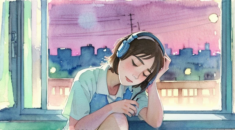 Portrait 512LoFi,Girl sitting on bed,Wearing headphones,Eyes closed,feeling the music,Apartment window with a beautiful night view,Pastel colors,Watercolor painting,style of studio ghibli
