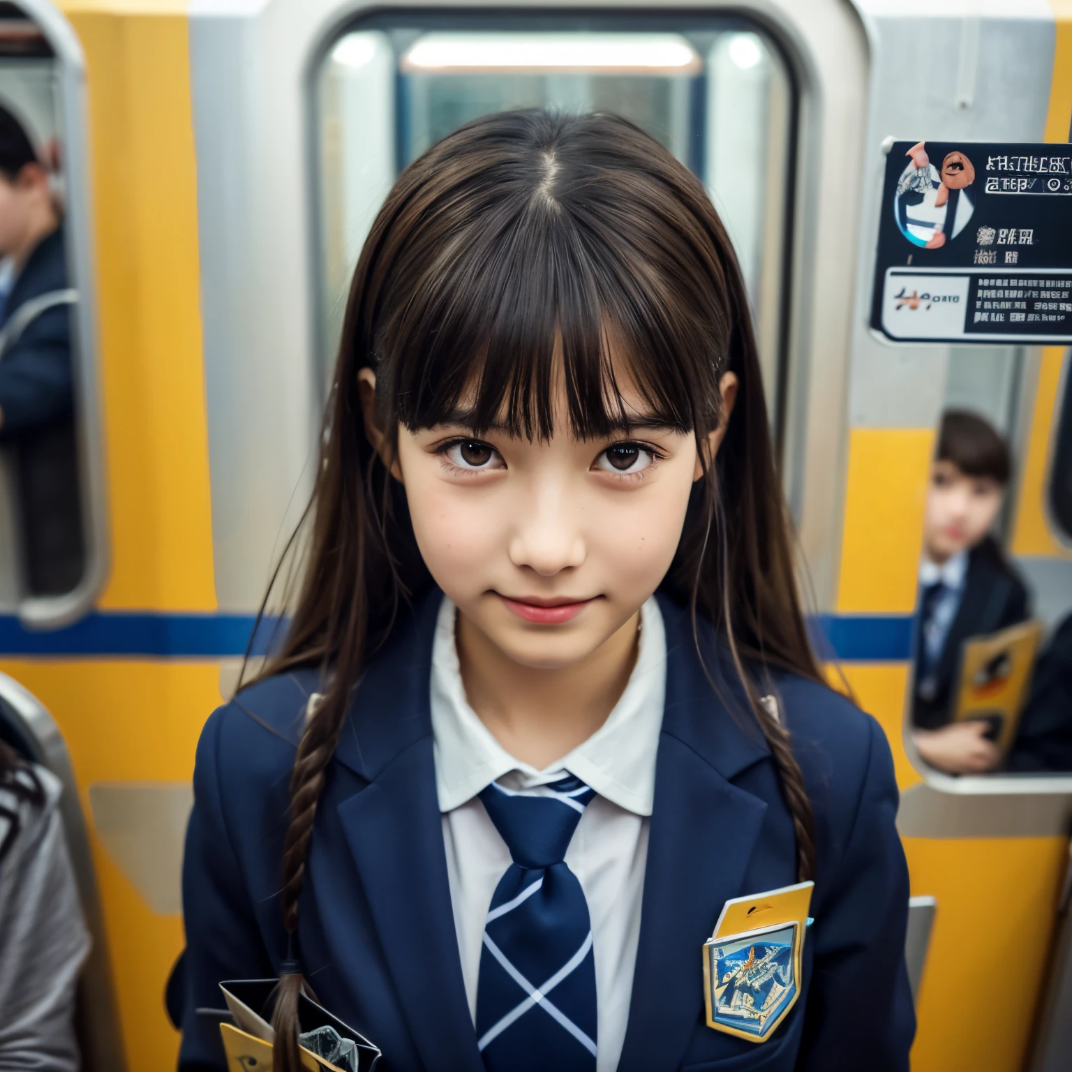 masterpiece, best quality, illustration, ultra-detailed, 8k wallpaper, perfect dynamic composition, beautiful detailed eyes, 1girl, looking down, from below, close to viewer, POV, smile, standing, (close contact:1.1), school uniform, (crowded train:1.4)