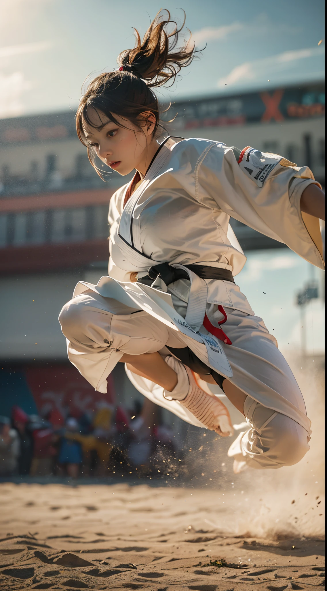 8k, best quality, highres, realistic, real person, A female martial artist in a fighting tournament, captured in a dynamic pose as she performs a spectacular back spinning kick, soaring through the air. The scene emphasizes her agility and the fluidity of her movement, showcasing the elegance and power of her martial arts skills in a high-energy moment.