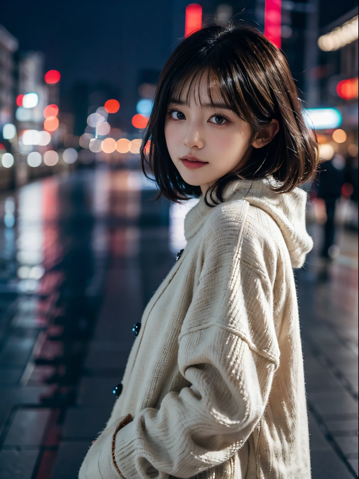 background of falling snow、It looks very cold、Christmas Cityscape、Winter Outfit、Portrait of a woman with her hands in her pockets, top-quality、hyper HD、奈良美智, Japanese Models, Beautiful Japan Girl, With short hair, 27-year-old female model, 4 k ], 4K], 27yo, sakimichan, sakimichan