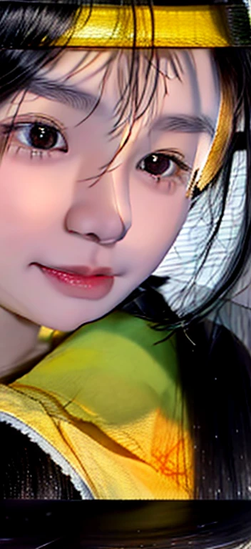 Close-up of a woman wearing a yellow shirt and black hair, she has a cute face, With cute doting eyes, Cute Korean face, She has a cute and expressive face, Young and cute face, Big, round and cute eyes, soft round face, round cute face, Young and cute Korean face, Clear and cute face, 8K selfie photo, 🤤 girl portrait