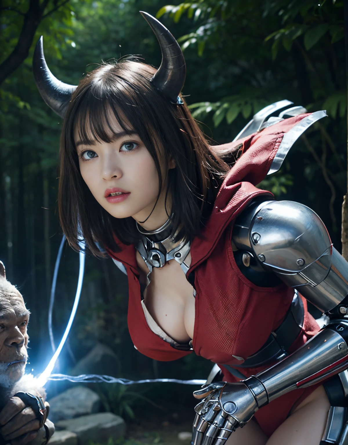 (1 Mechanical Girl)、（Mystical expression）、top-quality、​masterpiece、超A high resolution、(Photorealsitic:1.4)、Raw photo、女の子1人、Fight mutants、glowy skin、(((1 Mechanical Girl)))、（Red Metal Bodysuit）、(Fight goblings、ogre、Fierce battle with orcs),（Fight fiercely against aliens）、Fight fiercely、(beautiful forest background)、(Fighting Demonic Beasts)、(Small LED)、((super realistic details))、portlate、(Strong giant demon beast background),globalillumination、Shadow、octan render、8K、ultrasharp、Colossal tits、Raw skin is exposed in cleavage、red metal、Details of complex ornaments、Japan details、highly intricate detail、Realistic light、(Mystical expression),CGSoation Trends、Blue eyes、radiant eyes、Facing the camera、neon details、(Mechanical limbs)、(blood vessels connected to tubes)、(Wires and cables connecting to the head)、Small LED、,Mechanical thighs、Toostock、（Hands are also made of machines）、（Precipitous cliffs、fortress）、机器人、