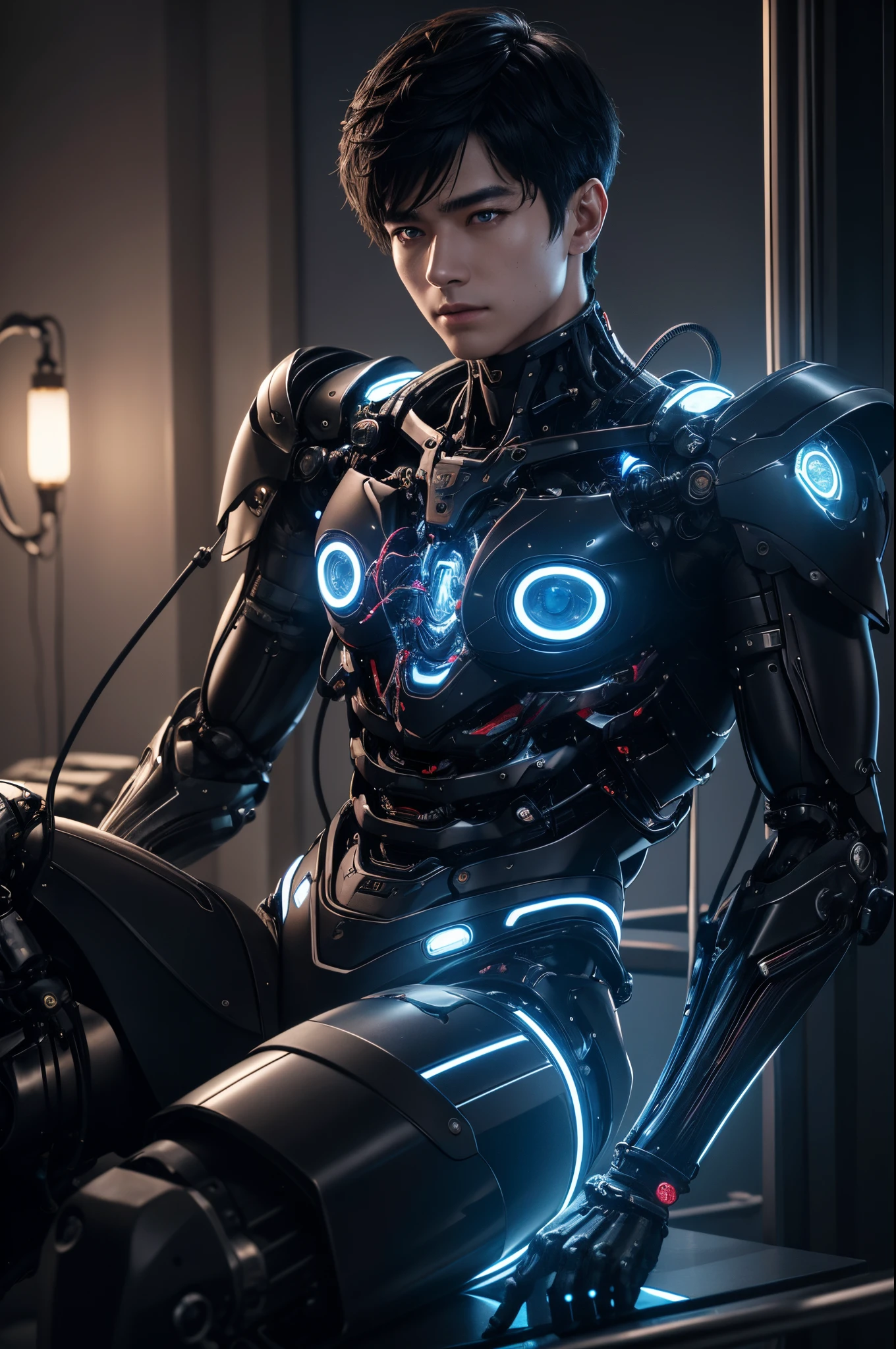 8K,hanging upper body,1 Mechanical Boy、((super realistic details))、Short-haired black hair,Handsome boy,portlate、globalillumination、Shadow、octan render、8K、ultrasharp、metals、Details of complex ornaments、cold color、Egyptian Detail、highly intricate detail、Realistic light、CGSoation Trends、radiant eyes、Facing the camera、neon details、Mechanical limbs、blood vessels connected to tubes、Mechanical vertebrae attached to the back、mechanical cervical attaching to neck、sitting on、Wires and cables connecting to the head,超A high resolution,A hyper-realistic,The exposed heart of the machine(blue led effect)to be continued,one bare arm,