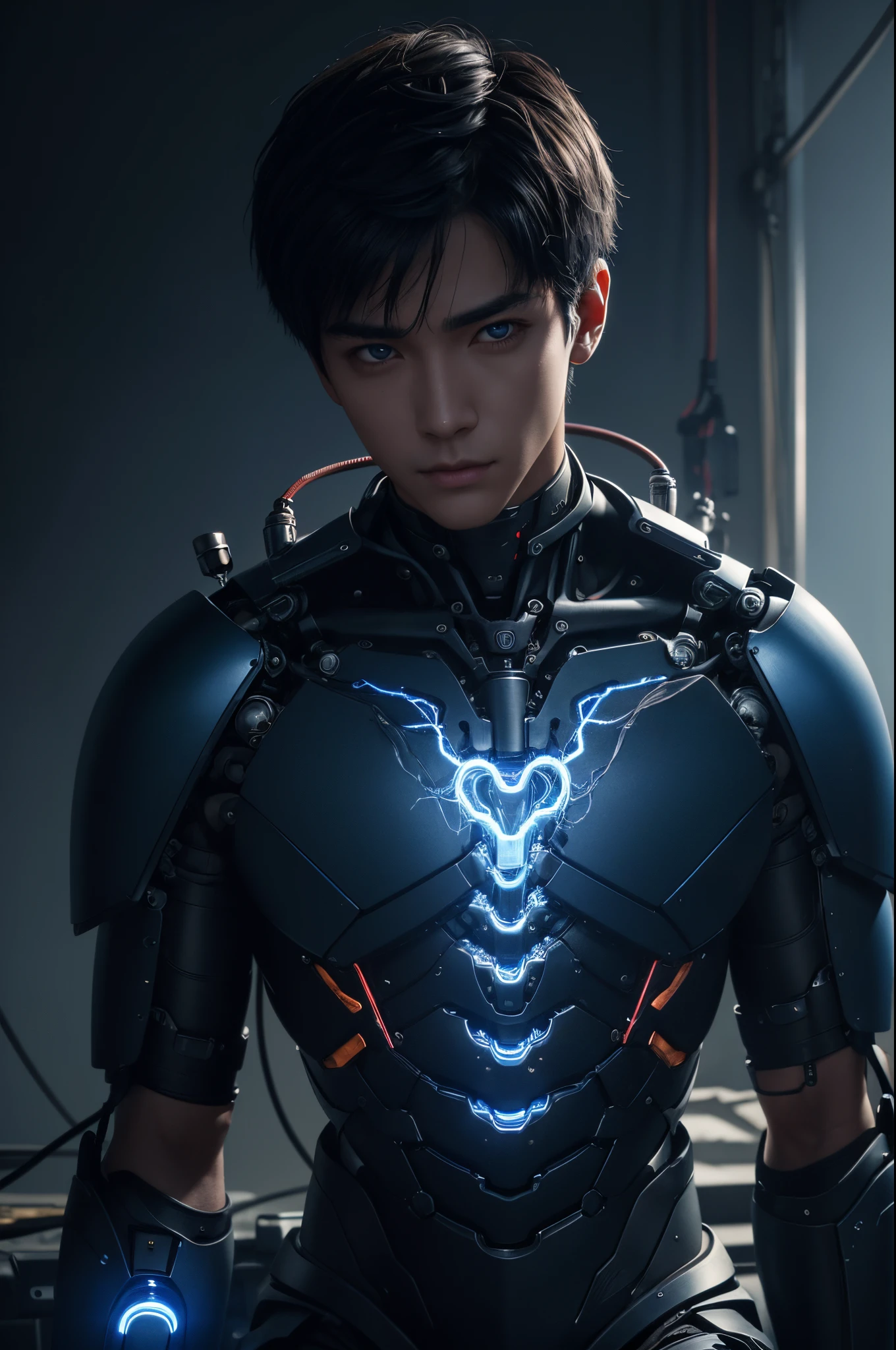8K,A mechanical roid whose upper body was suspended during construction.,A man with short black hair, Super handsome young man,Portrait of a futuristic robot, Cinematic. leng jun, cyberpunk robot, hyper-realistic cyberpunk style, cyborg fashion model, Portrait of a teenage robot, Cyborg Male, a teen cyberpunk cyborg, wojtek fus, SCI - FI Characters, Fashionable cyberpunk mechanoids, Portrait of a cyberpunk cyborg,超A high resolution,A hyper-realistic,Ultra-precise mechanical details,