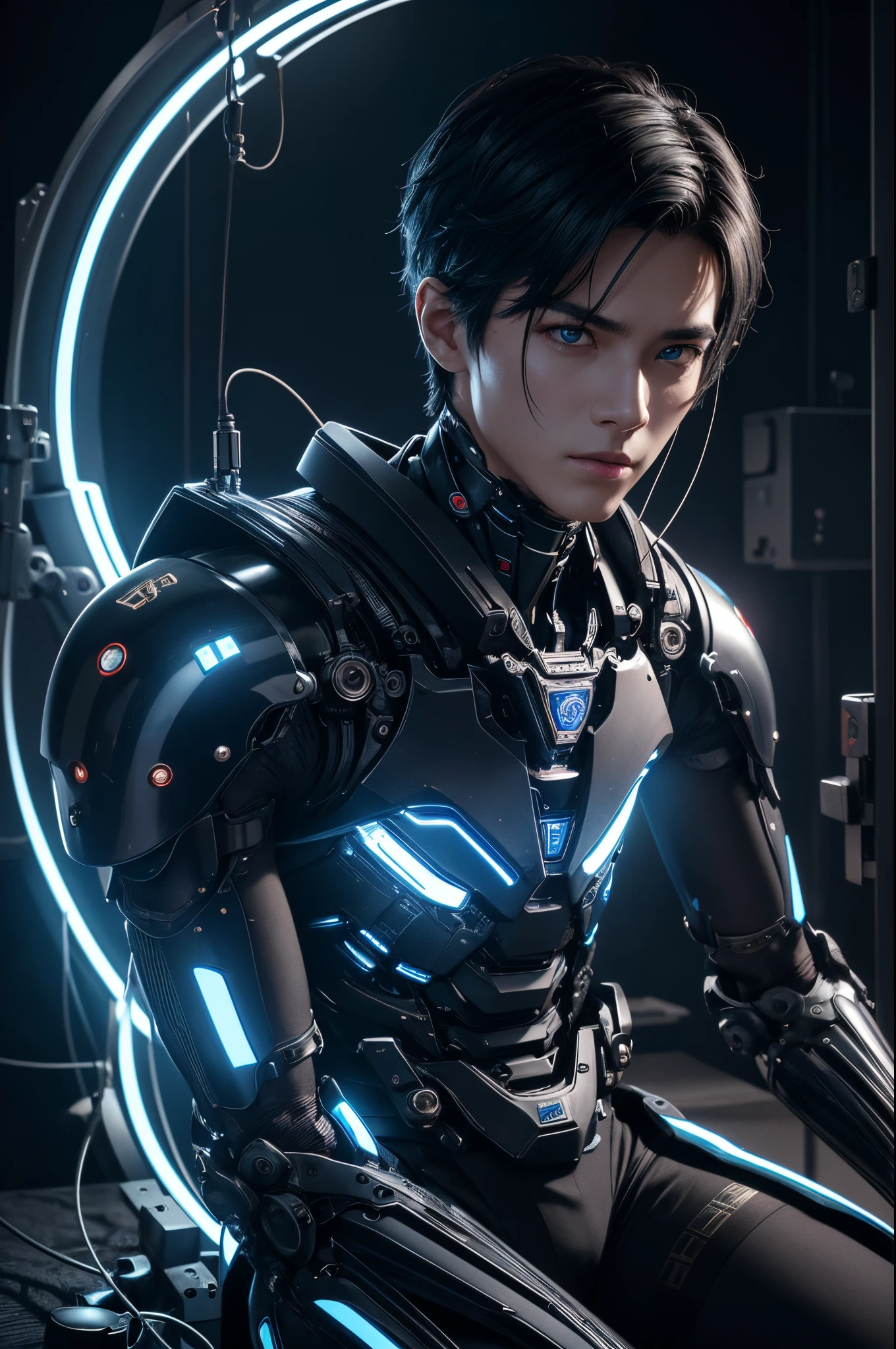 8K,A mechanical roid whose upper body was suspended during construction.,A man with short black hair, Super handsome young man,Portrait of a futuristic robot, Cinematic. leng jun, cyberpunk robot, hyper-realistic cyberpunk style, cyborg fashion model, Portrait of a teenage robot, Cyborg Male, a teen cyberpunk cyborg, wojtek fus, SCI - FI Characters, Fashionable cyberpunk mechanoids, Portrait of a cyberpunk cyborg,超A high resolution,A hyper-realistic,Ultra-precise mechanical details,