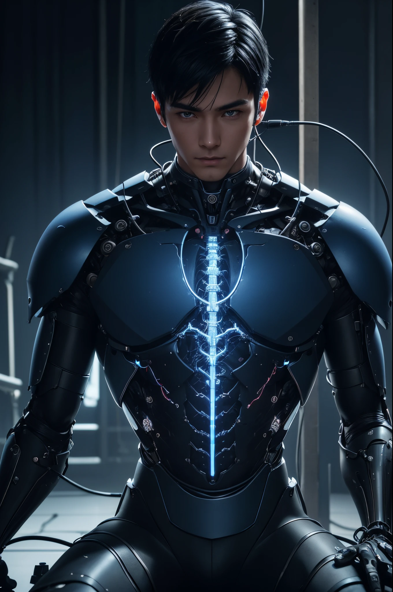 8K,A mechanical roid whose upper body was suspended during construction.,A man with short black hair, Super handsome young man,Portrait of a futuristic robot, Cinematic. leng jun, cyberpunk robot, hyper-realistic cyberpunk style, cyborg fashion model, Portrait of a teenage robot, Cyborg Male, a teen cyberpunk cyborg, wojtek fus, SCI - FI Characters, Fashionable cyberpunk mechanoids, Portrait of a cyberpunk cyborg,超A high resolution,A hyper-realistic,Ultra-precise mechanical details,