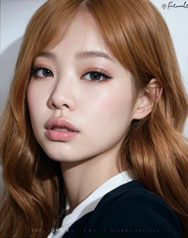 um close up de uma mulher com longos cabelos ruivos e olhos azuis, maquiagem sul-coreana popular, maquiagem coreana popular, jennie blackpink, Dom Yunjoo, Lalisa Manobal, Mulher sul-coreana bonita, Parque Ji-min, jossi do blackpink, Retrato de Jossi de Blackpink, Lalisa Manoban do Blackpink, korean face features