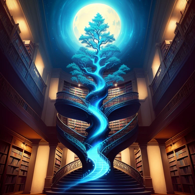 Tree of knowledge no stairs surrounded by spiraling library
All Blue hue saturation
Mystic dream style