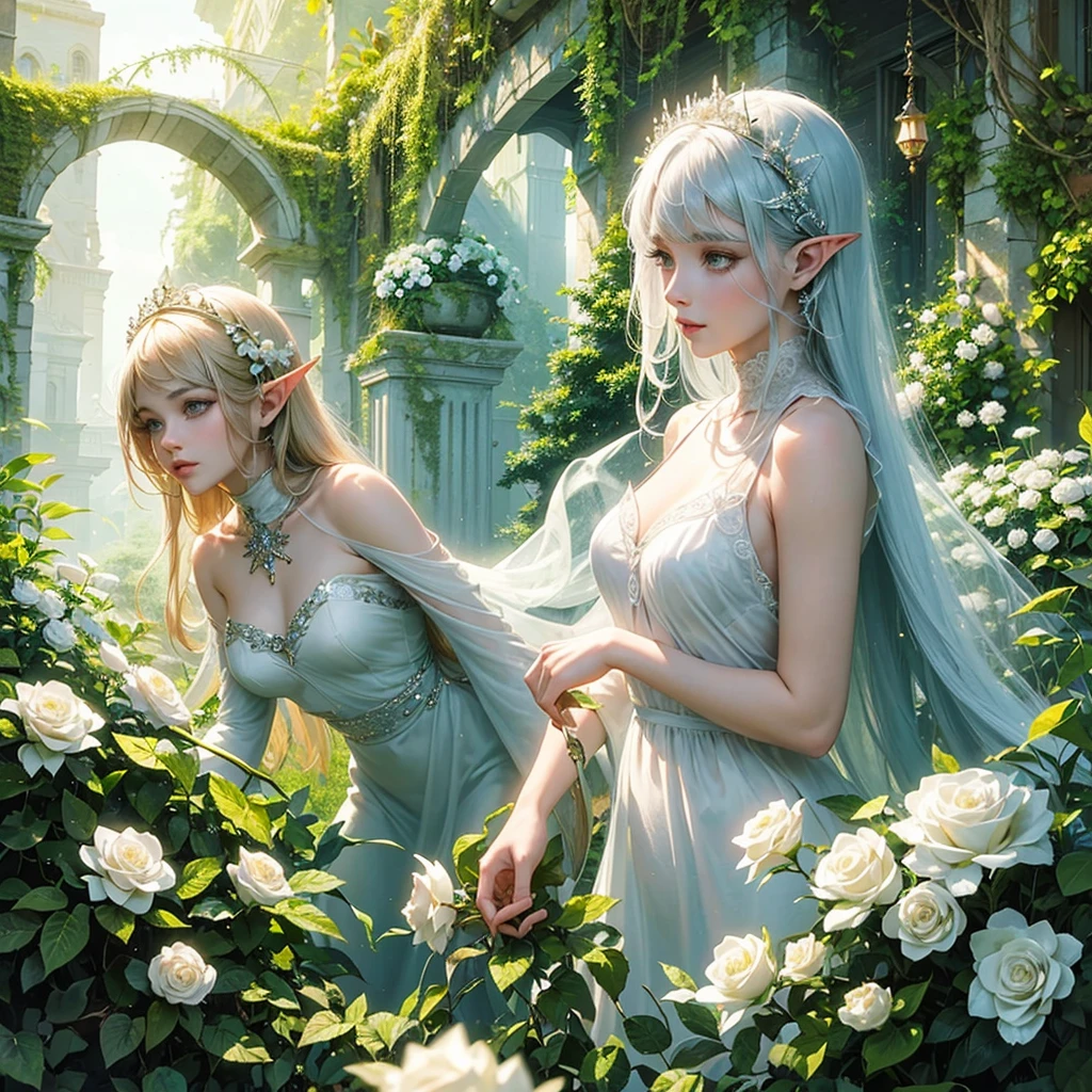 (Best quality,4K,8K,A high resolution,tmasterpiece:1.2),beautidful eyes,beautiful detailed lips,Extremely detailed eyes and face,Long eyelashes,（（a plant elf，Glowing and ethereal look，Extremely peaceful and beautiful,The body and surroundings are covered with white roses and dense vines,Plants cover face and body，Side view, Kneeling pose, Close your eyes and look up））, Exceptionally beautiful, A dreamy and radiant existence,lamplight, Plant theme, soft and warm lighting