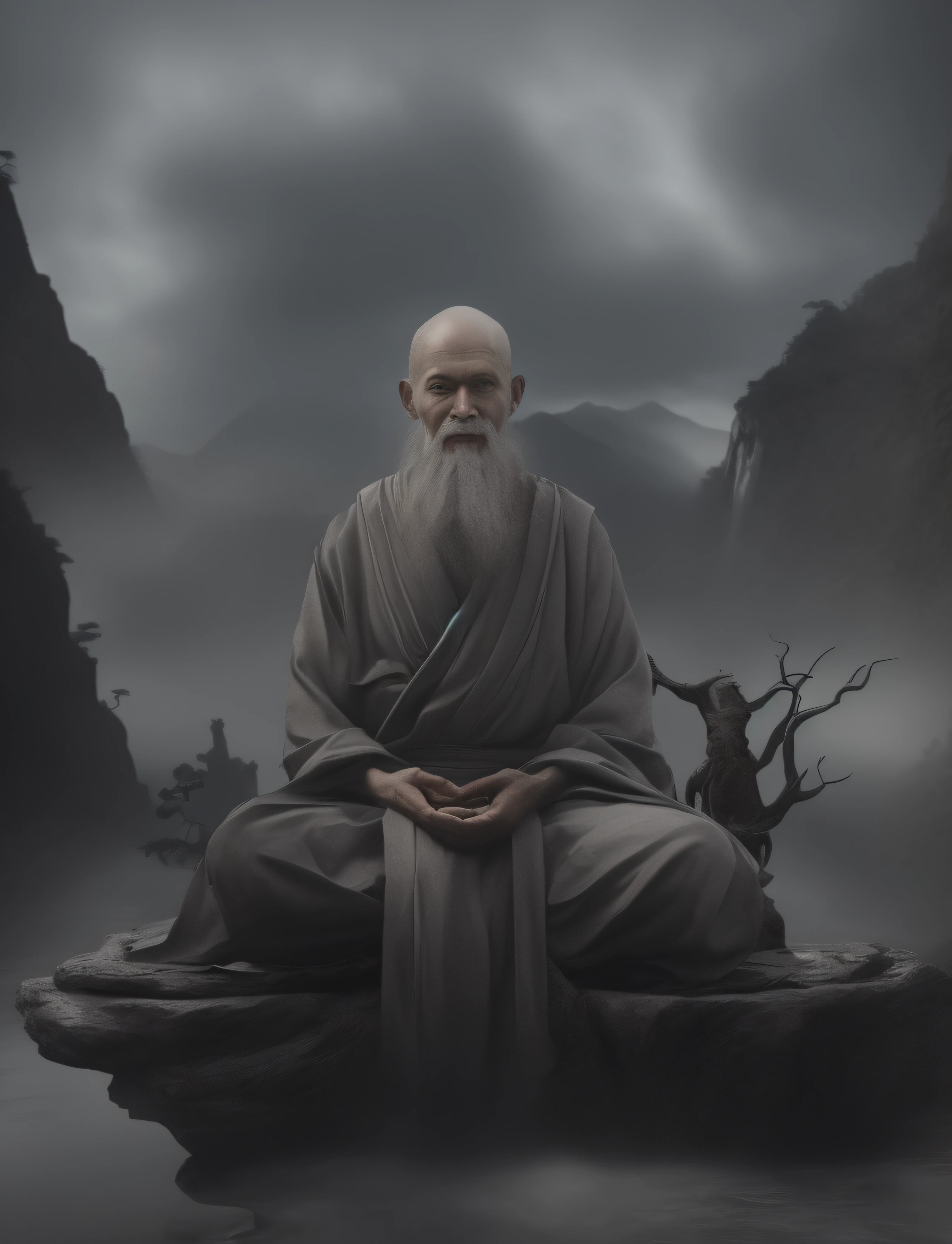 (a senior monk,Experienced practitioners,a gray robe,largeeyes,a smile and meditation, facing at the camera,frontal photos, The bottom is flowing mountains and rivers, Chinese, Ethereal, 电影灯光, high qulity) (A 3:4 [photore], ..3D, ultra-realistic realism,电影灯光, Ultra-high sharpness, 超詳細, ctextured skin, hyper HD, Precise, ctextured skin, high detal)