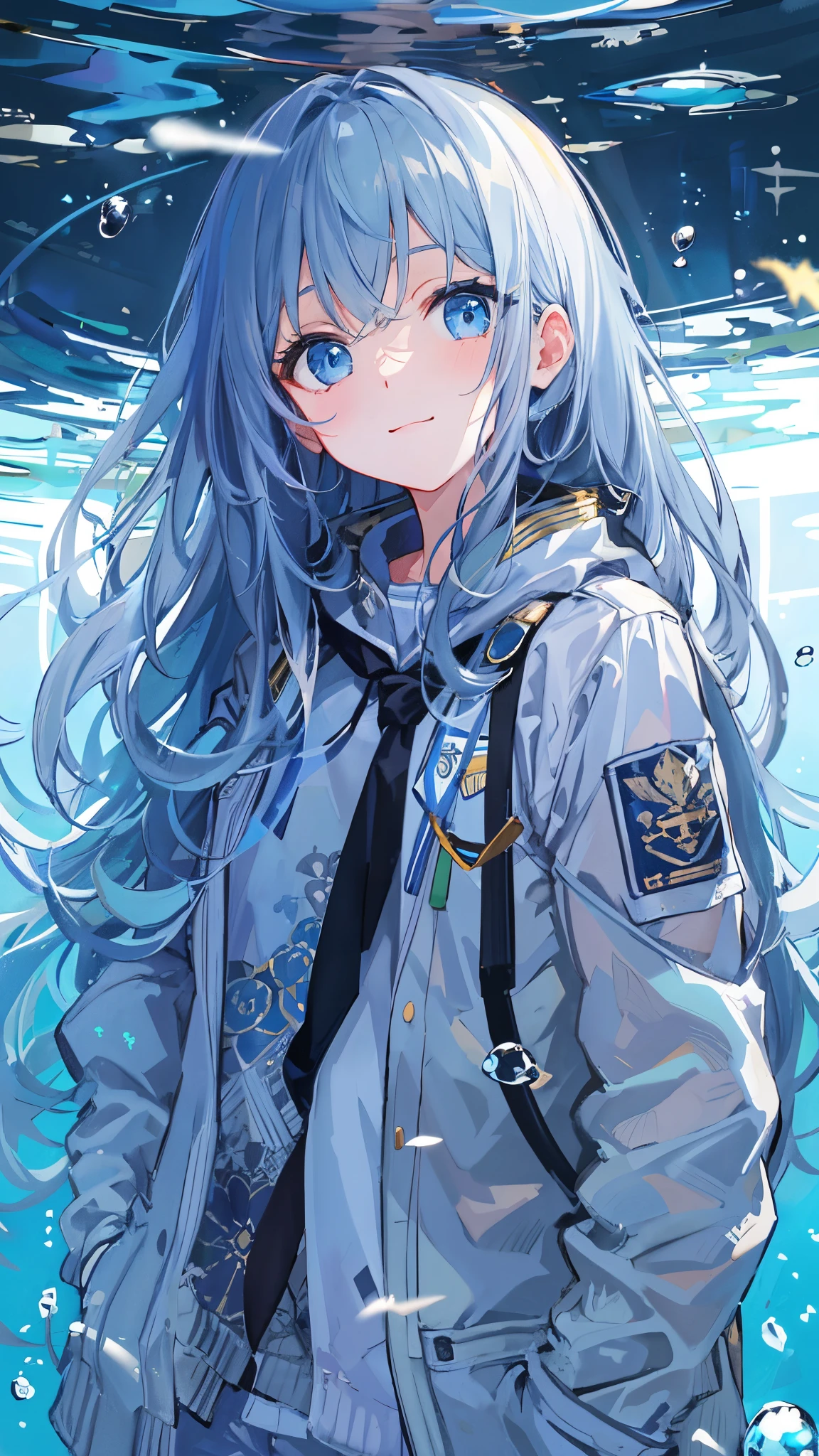 ((top-quality)), ((masterpiece)), ((ultra-detailliert)), (Extremely delicate and beautiful), girl with, 独奏, cold attitude,((Black jacket)),She is very(relax)with the(Settled down)Looks,depth of fields,Evil smile,Bubble, under the water, Air bubble,Underwater world bright light blue eyes,inner color with bright gray hair and light blue tips,,,,,,,,,,,,,,,,Cold background,Bob Hair - Linear Art, shortpants、knee high socks、White uniform like school uniform、Light blue ribbon ties、Clothes are sheer、Hands in pockets、Bright eyes like sapphire,Fronllesse Blue, A small blue light was floating、fantastic eyes、selfy,Self-shot