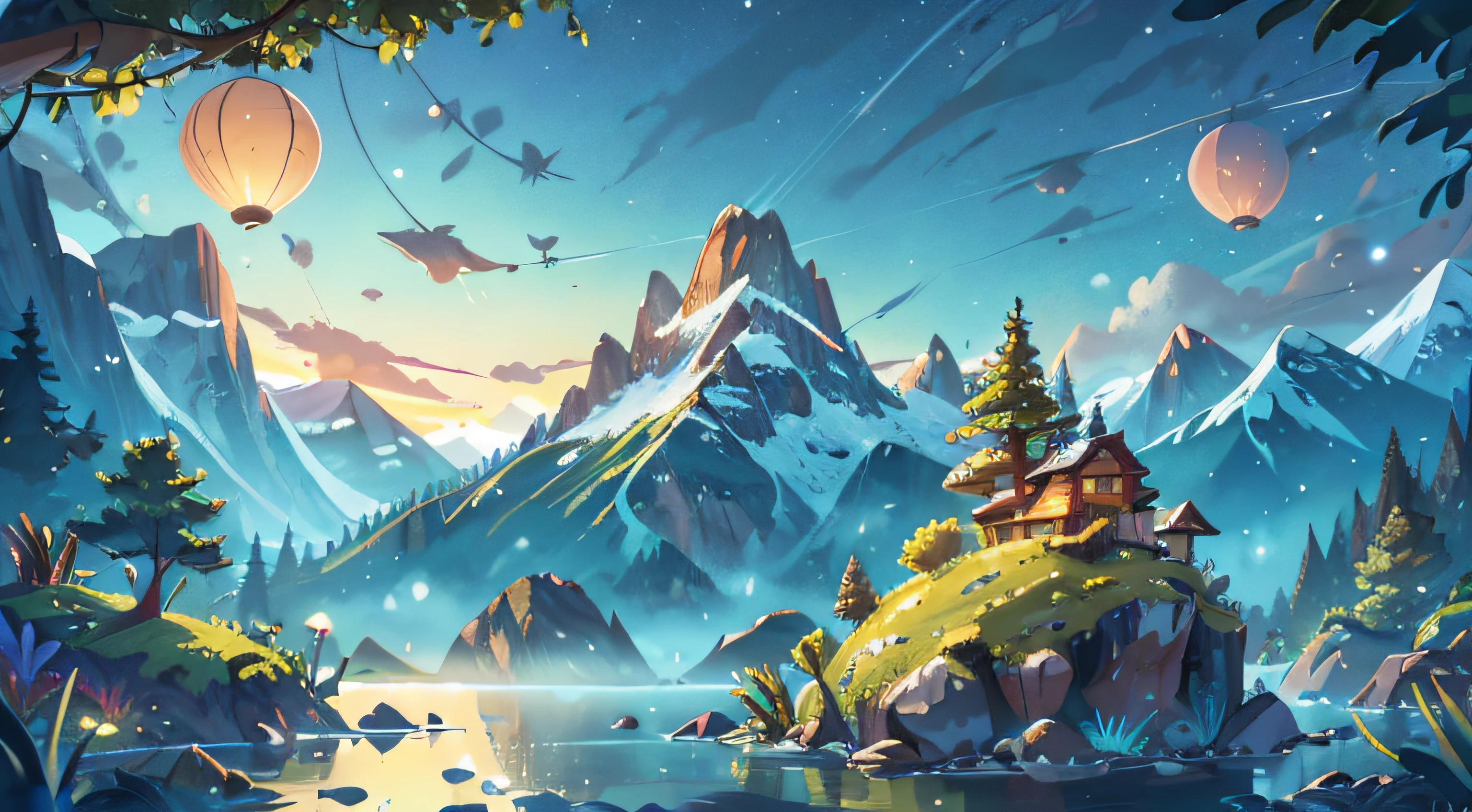 digital ilustration landscape of a planet that is celebrating new year at night, with mountain in the background with water floating around it, magical fish and mystical creature