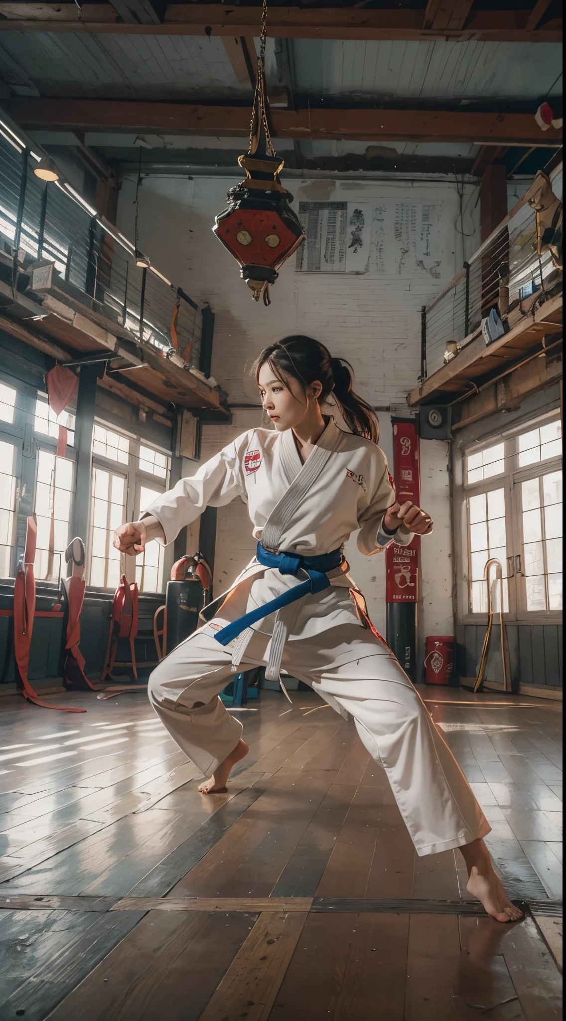 8k, best quality, highres, realistic, real person, A female martial artist in a fighting tournament, captured in a dynamic pose as she performs a spectacular back spinning kick, soaring through the air. The scene emphasizes her agility and the fluidity of her movement, showcasing the elegance and power of her martial arts skills in a high-energy moment.