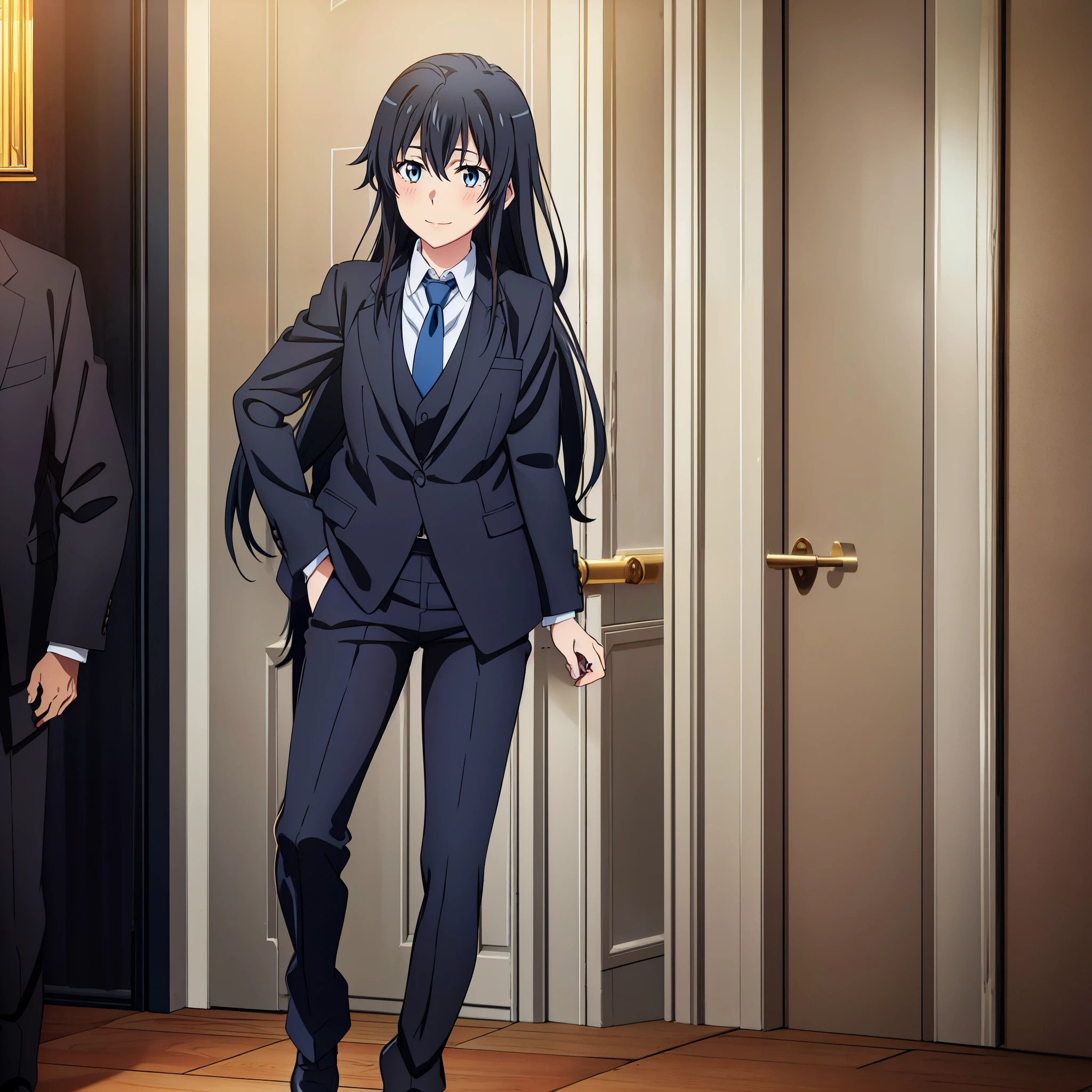 Yukinoshita yukino,woman in formal attireactive suit tuxedo tailcoat standing in a large alcove in the room, 1girl, solo, necktie, black hair, blue eyes, long hair, smile, jacket, looking at viewer, shirt, pants, blue necktie, collared shirt, white pants, white shirt, indoors, bangs, long sleeves, closed mouth, window, black jacket, blush, cowboy shot, formal, suit, full body