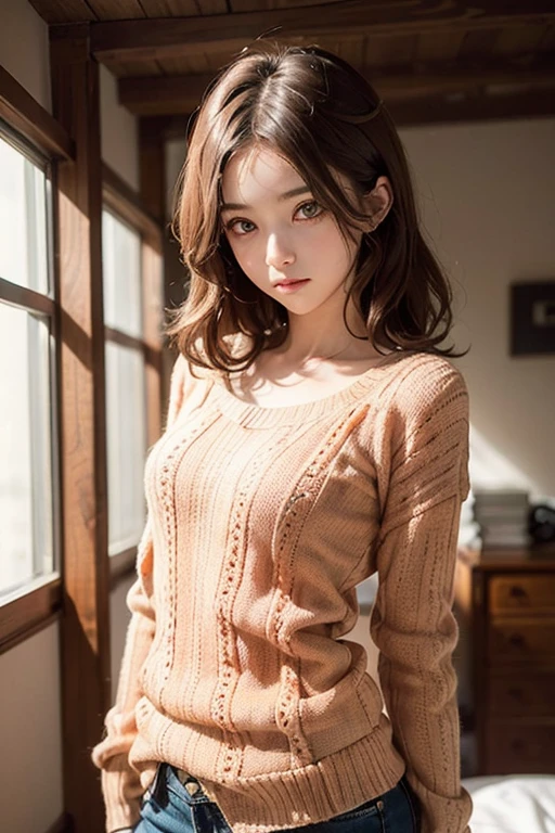 (((masutepiece:1.4, Best Quality)), (1girl in), (Perfect Anatomy), BREAK,  Cute Girl, (hair messy), (Light orange eyes), Small breasts, facing,Short knitwear、Sexy