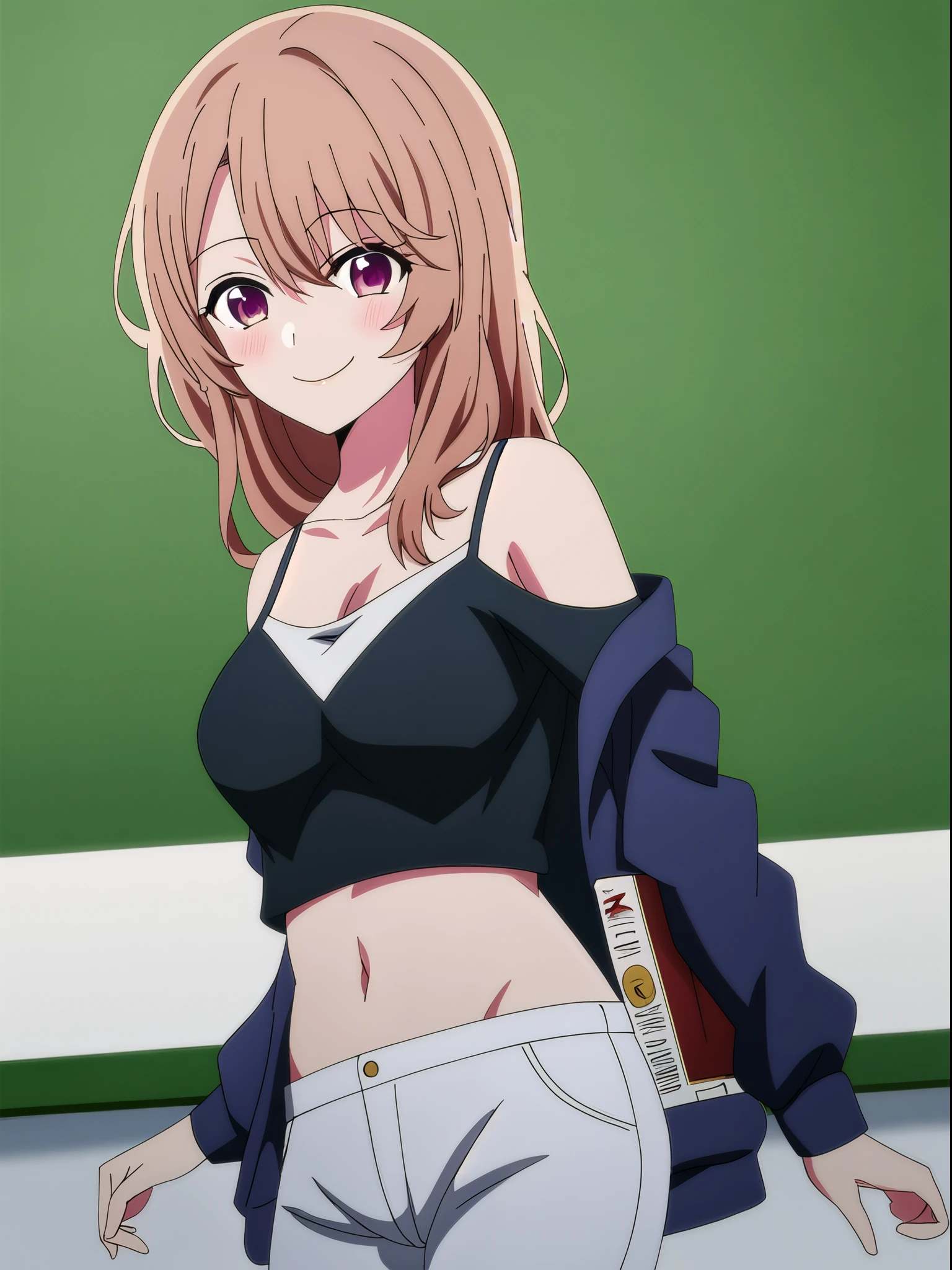 absurdres, 1girl, solo, saitou_miyako_oshinoko, from_side, smile, looking_at_viewer, crop_top, close-up, simple_background