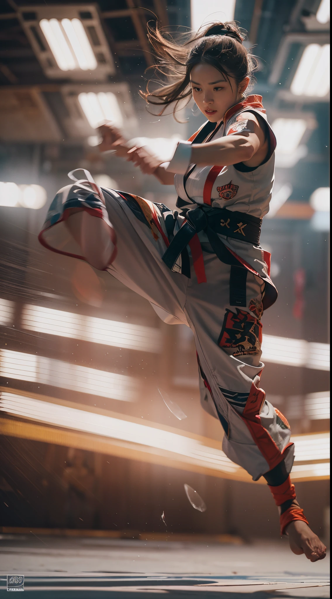 8k, best quality, highres, realistic, real person, A female martial artist in a fighting tournament, captured in a dynamic pose as she performs a spectacular back spinning kick, soaring through the air. The scene emphasizes her agility and the fluidity of her movement, showcasing the elegance and power of her martial arts skills in a high-energy moment.