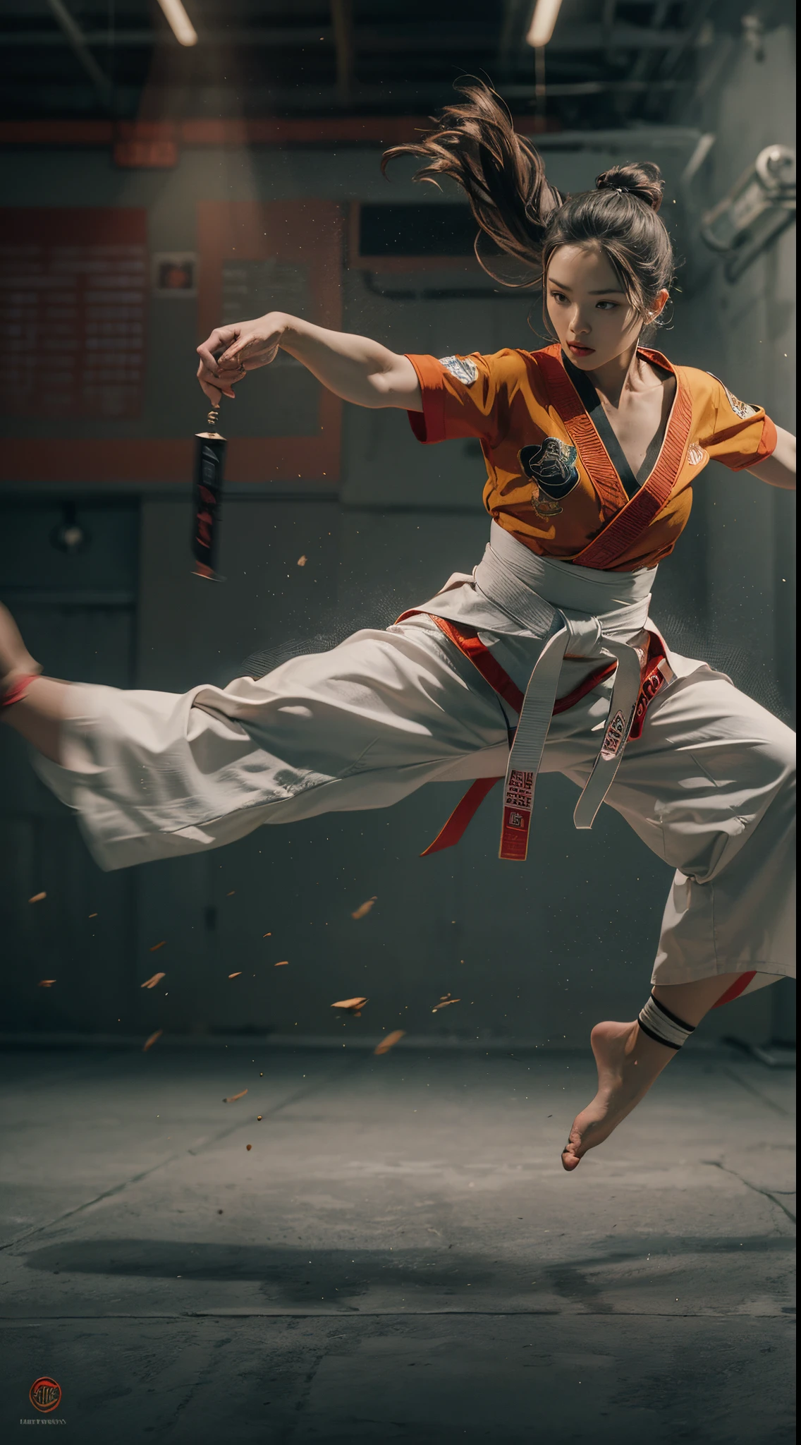 8k, best quality, highres, realistic, real person, A female martial artist in a fighting tournament, captured in a dynamic pose as she performs a spectacular back spinning kick, soaring through the air. The scene emphasizes her agility and the fluidity of her movement, showcasing the elegance and power of her martial arts skills in a high-energy moment.