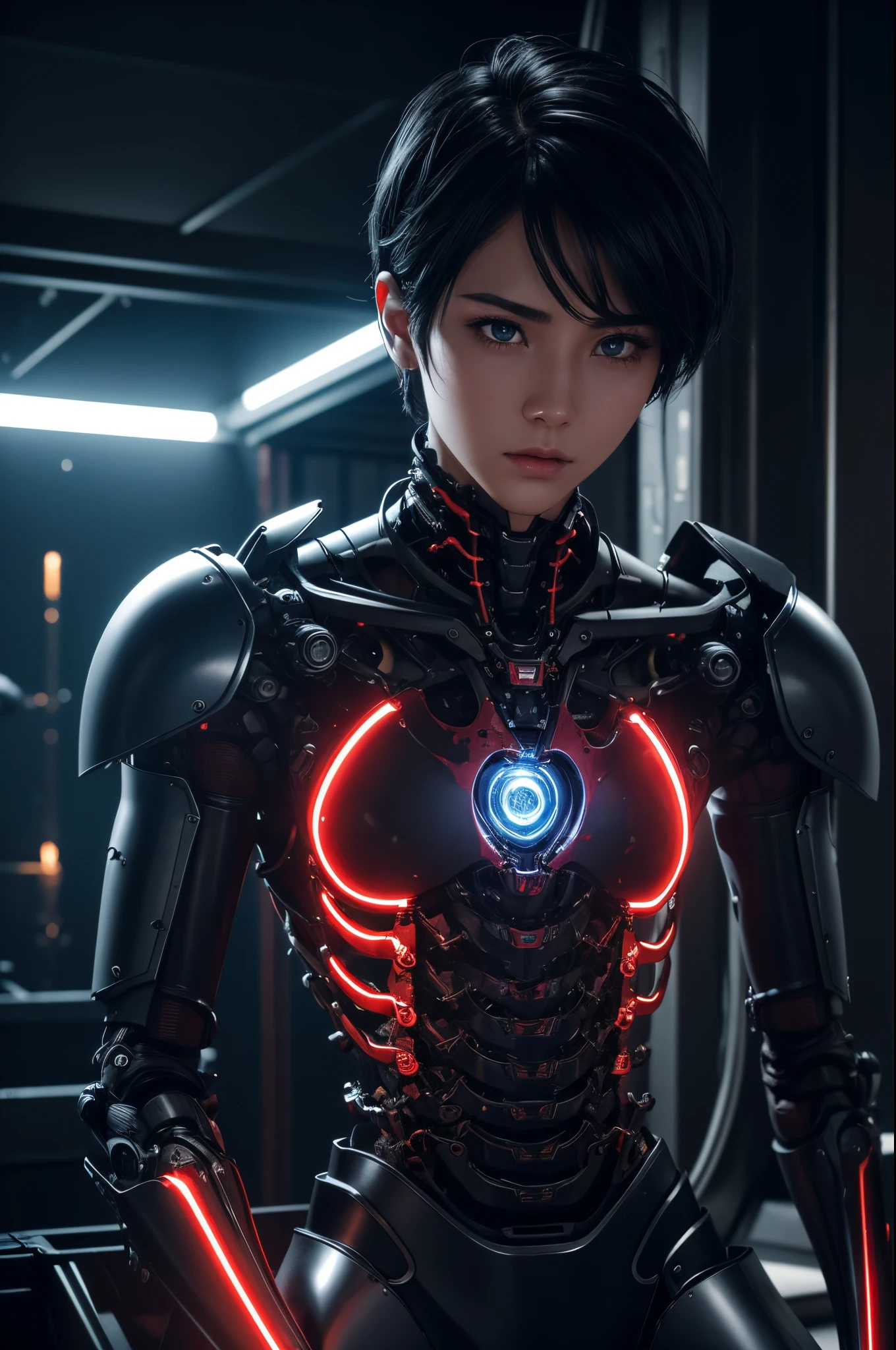 8K,A mechanical roid whose upper body was suspended during construction.,A man with short black hair, Super handsome young man,Portrait of a futuristic robot, Cinematic. leng jun, cyberpunk robot, hyper-realistic cyberpunk style, cyborg fashion model, Portrait of a teenage robot, Cyborg Male, a teen cyberpunk cyborg, wojtek fus, SCI - FI Characters, Fashionable cyberpunk mechanoids, Portrait of a cyberpunk cyborg,超A high resolution,A hyper-realistic,Ultra-precise mechanical details,