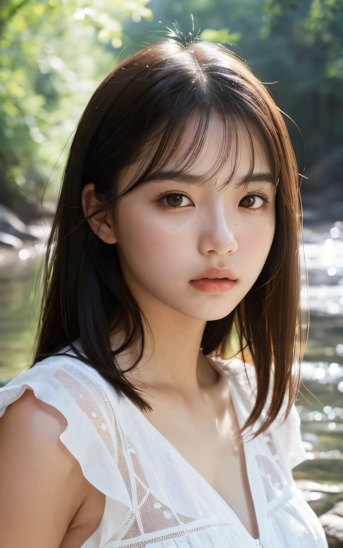 (Photo realistic:1.4), (Surreal:1.4), (Smooth lighting:1.05), 1 Girl, (sad:1.4), Open your mouth a little, Pure beauty, 22 years old, Soft lighting, Backlight, (Top quality real texture skins), I narrowed my eyes., Super detailed face, Glowing Skin, retina, Anatomically correct, Acura, Super detailed, Textured skin, high quality, Attention to detail, 最high quality, High resolution,Morning forest with clear water flowing through it, Medium length hair swaying in the wind, bangs, blouse